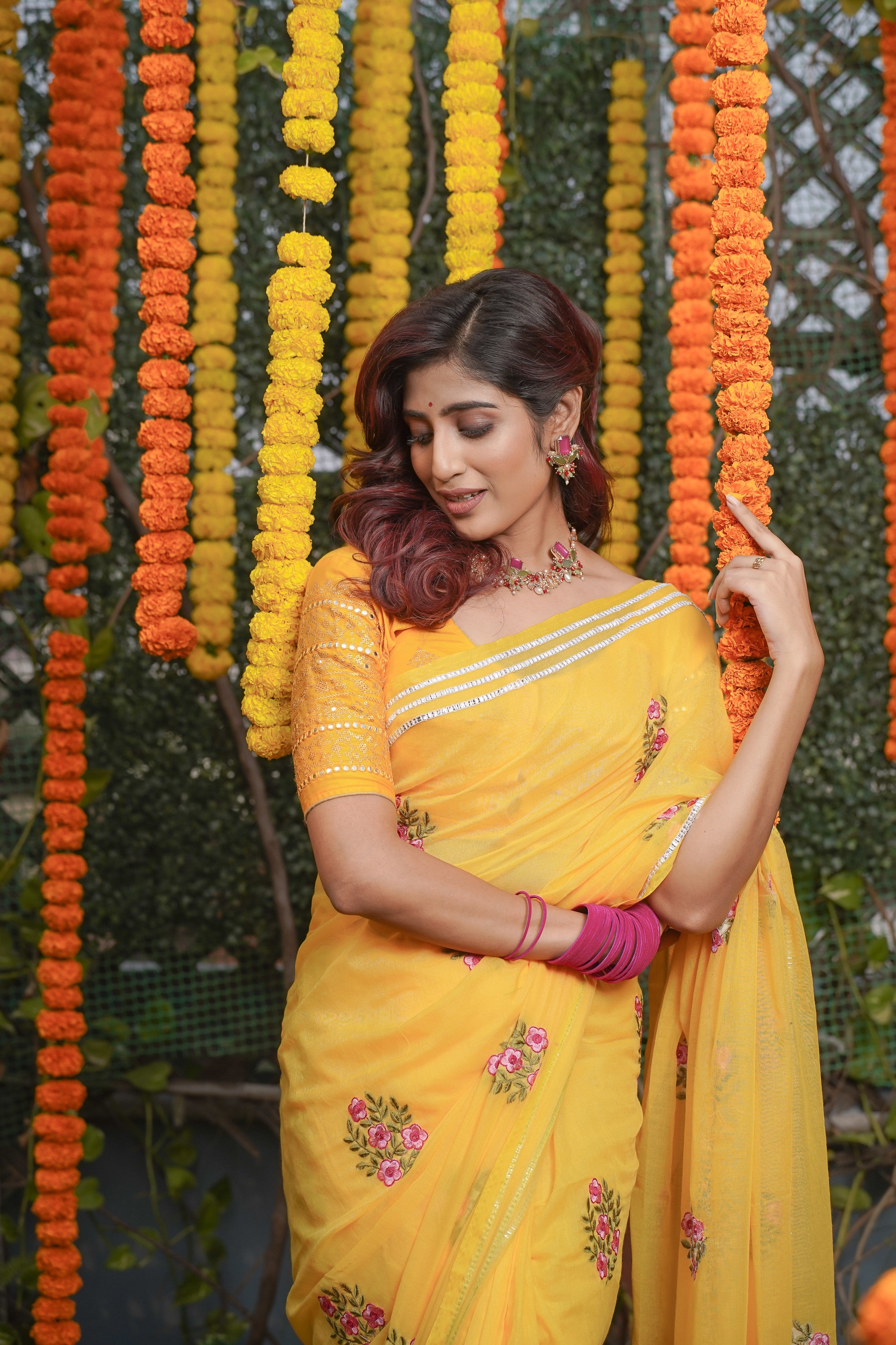 Yellow Mulmul Cotton Embroidery Saree