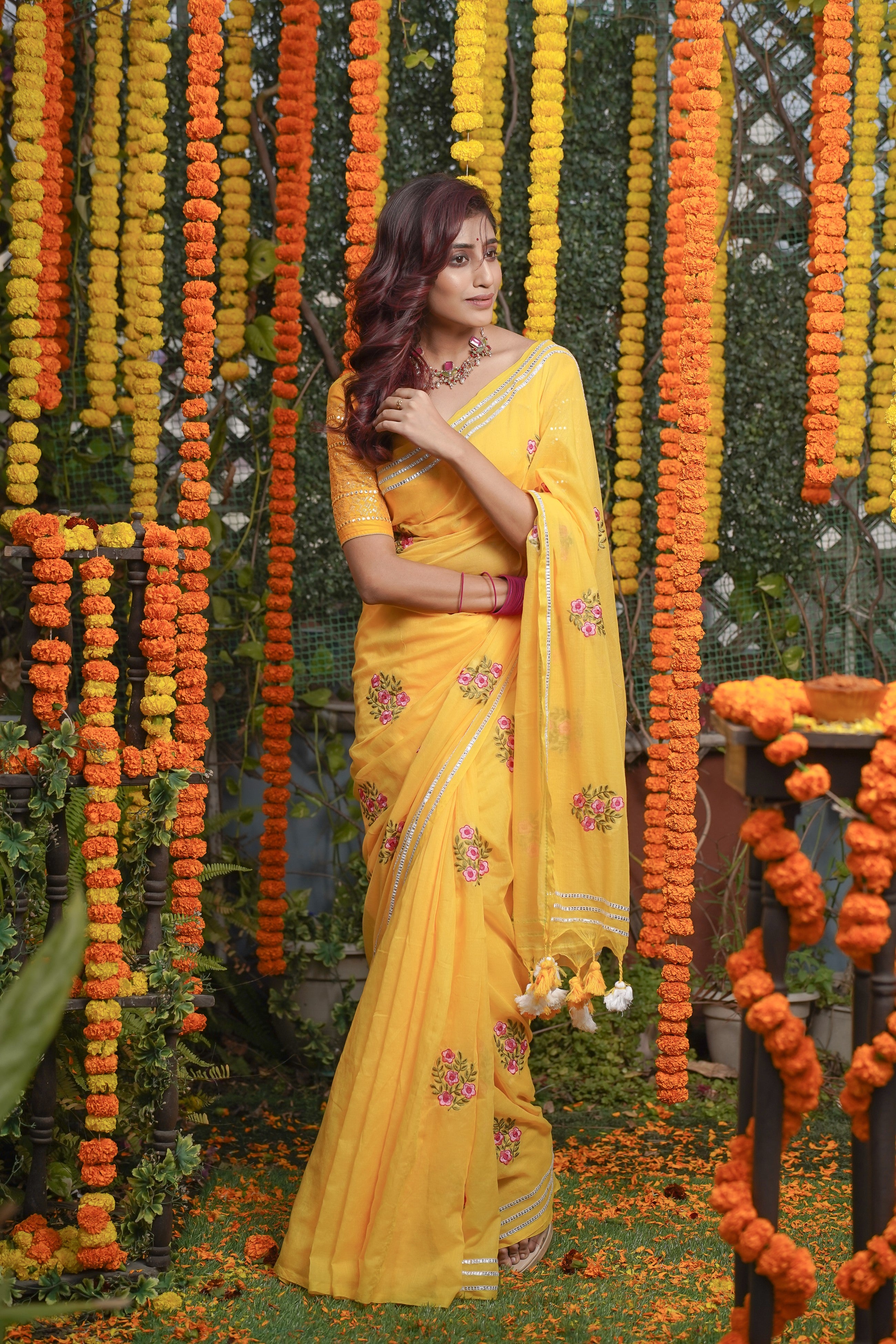 Yellow Mulmul Cotton Embroidery Saree