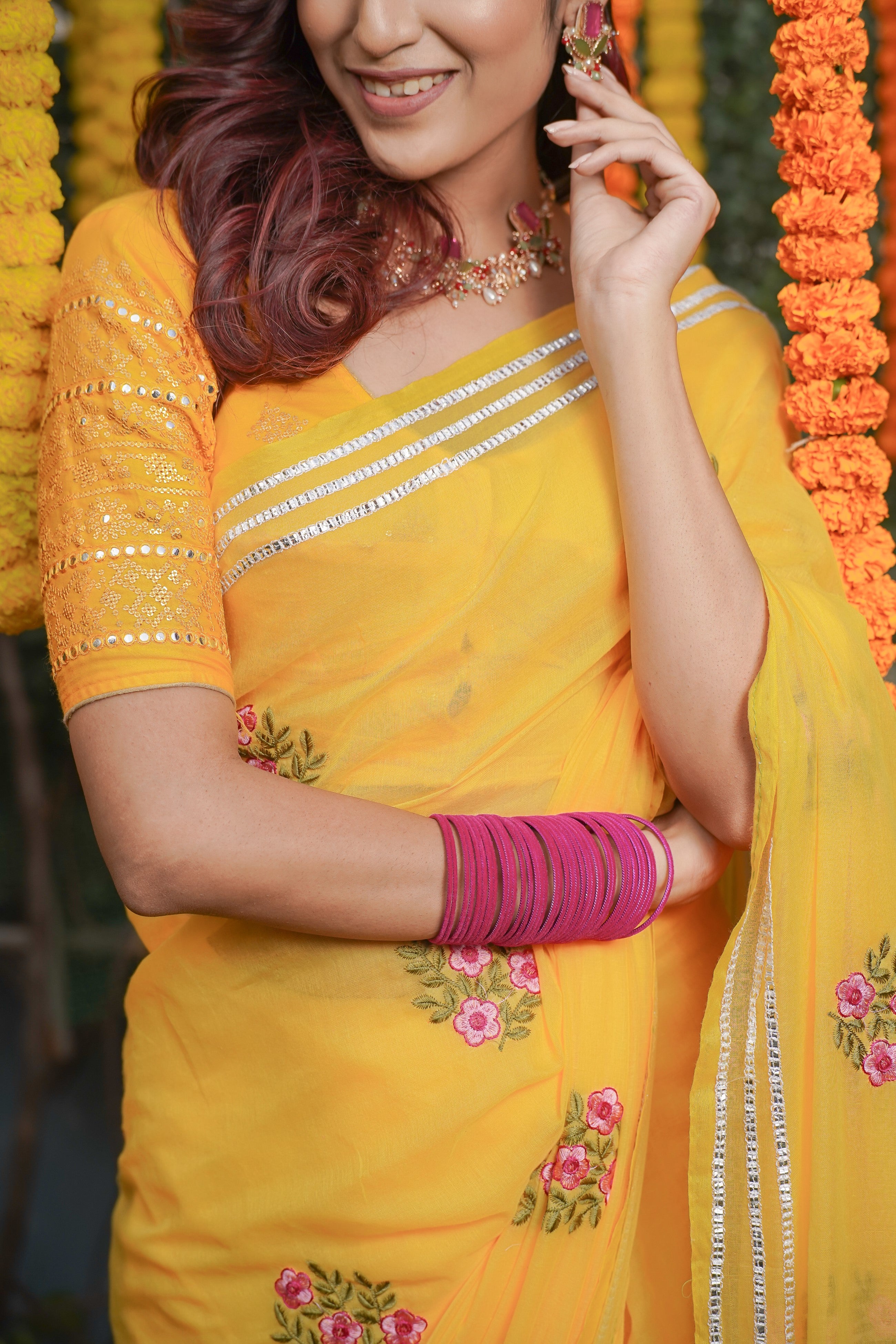 Yellow Mulmul Cotton Embroidery Saree