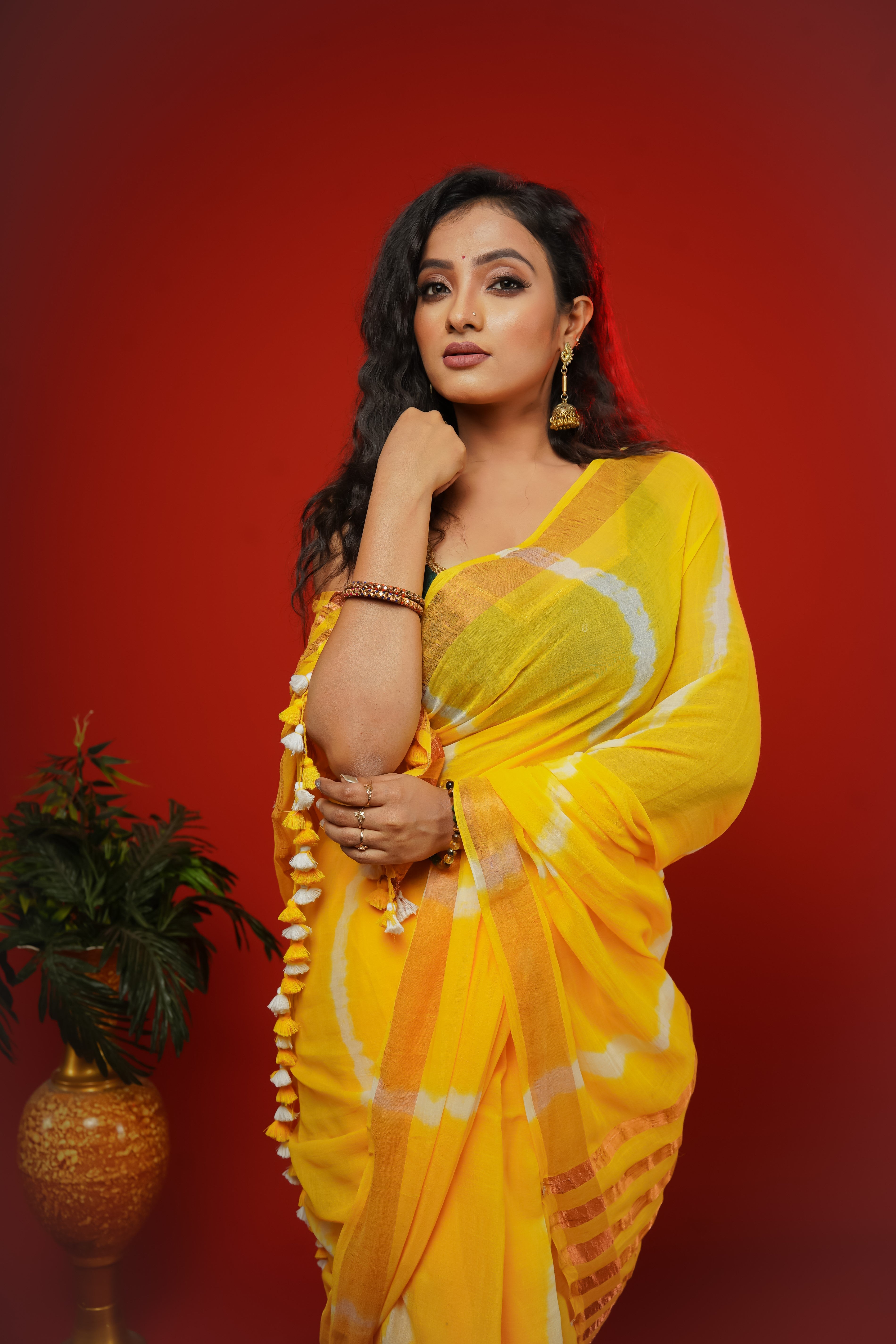 Yellow Shibori Print Pure Mulmul Cotton Saree