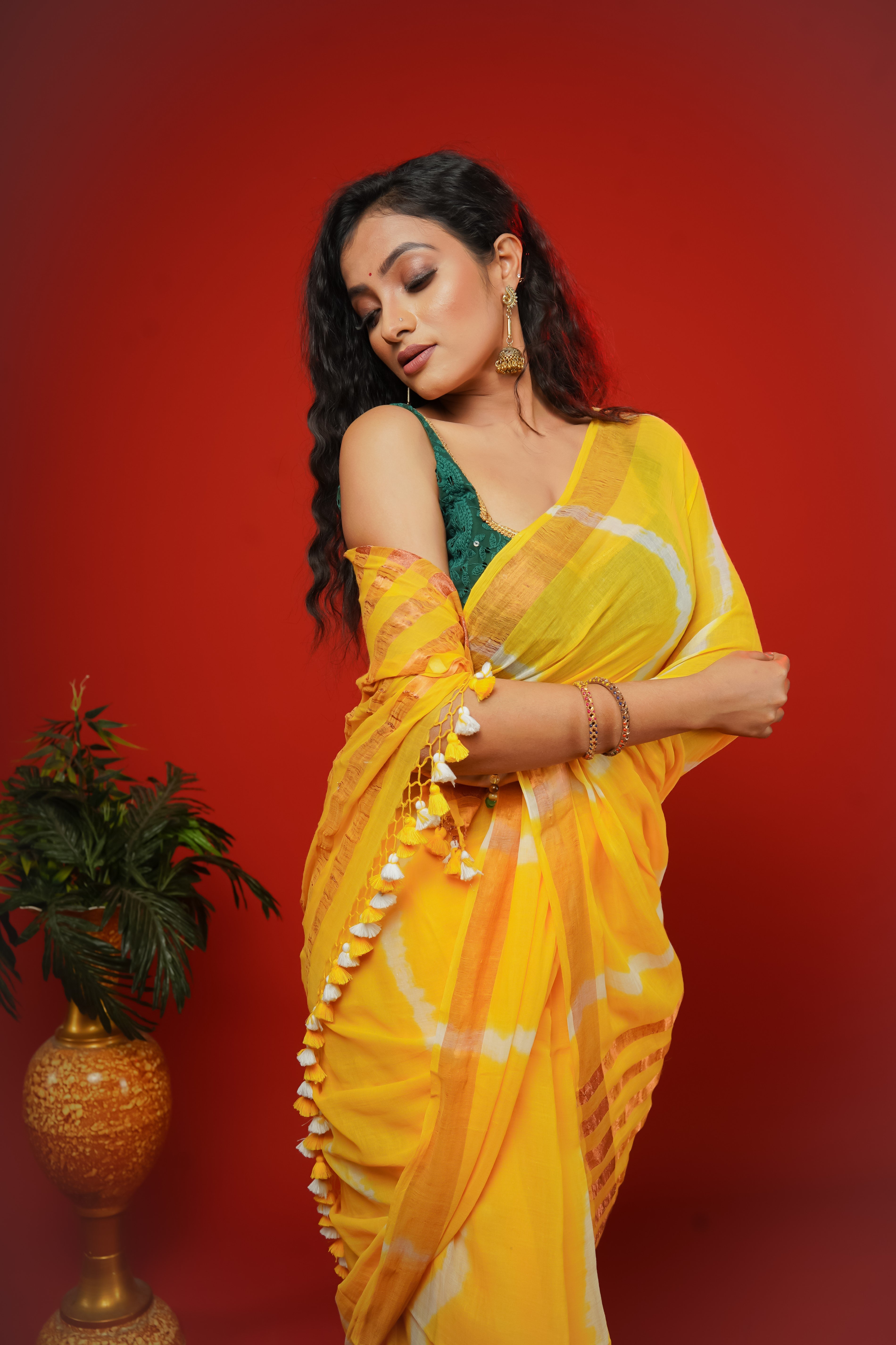 Yellow Shibori Print Pure Mulmul Cotton Saree