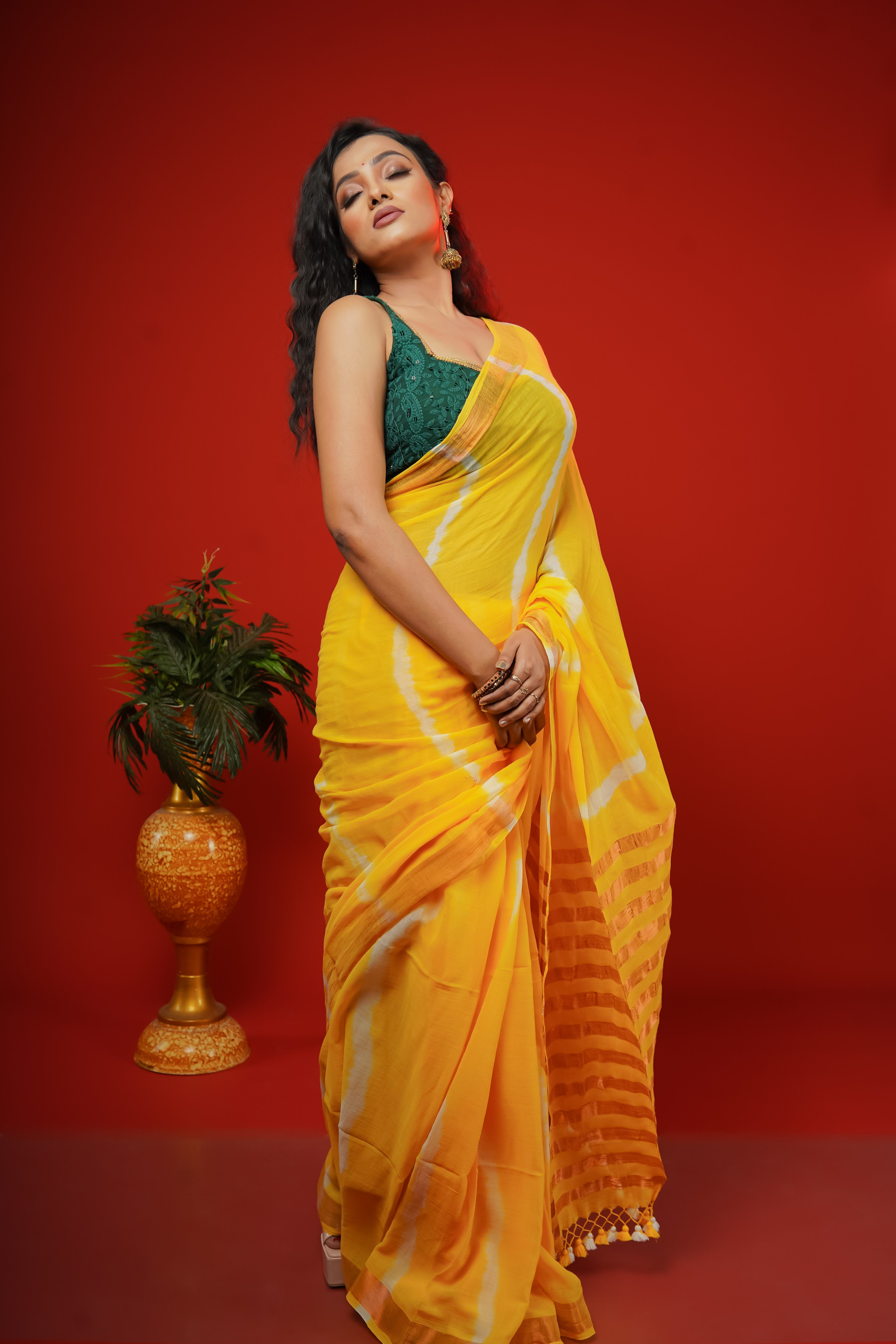 Yellow Shibori Print Pure Mulmul Cotton Saree