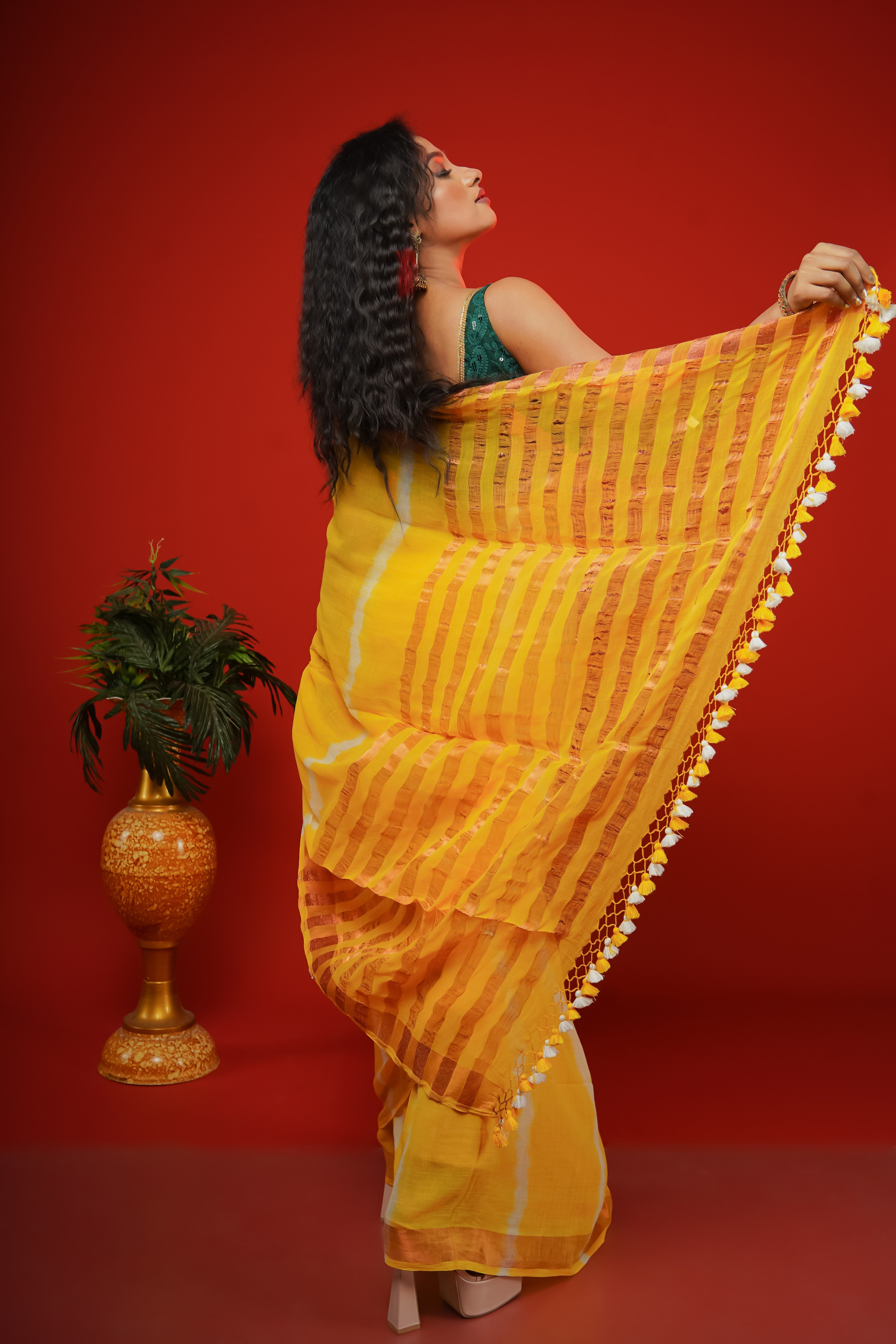 Yellow Shibori Print Pure Mulmul Cotton Saree