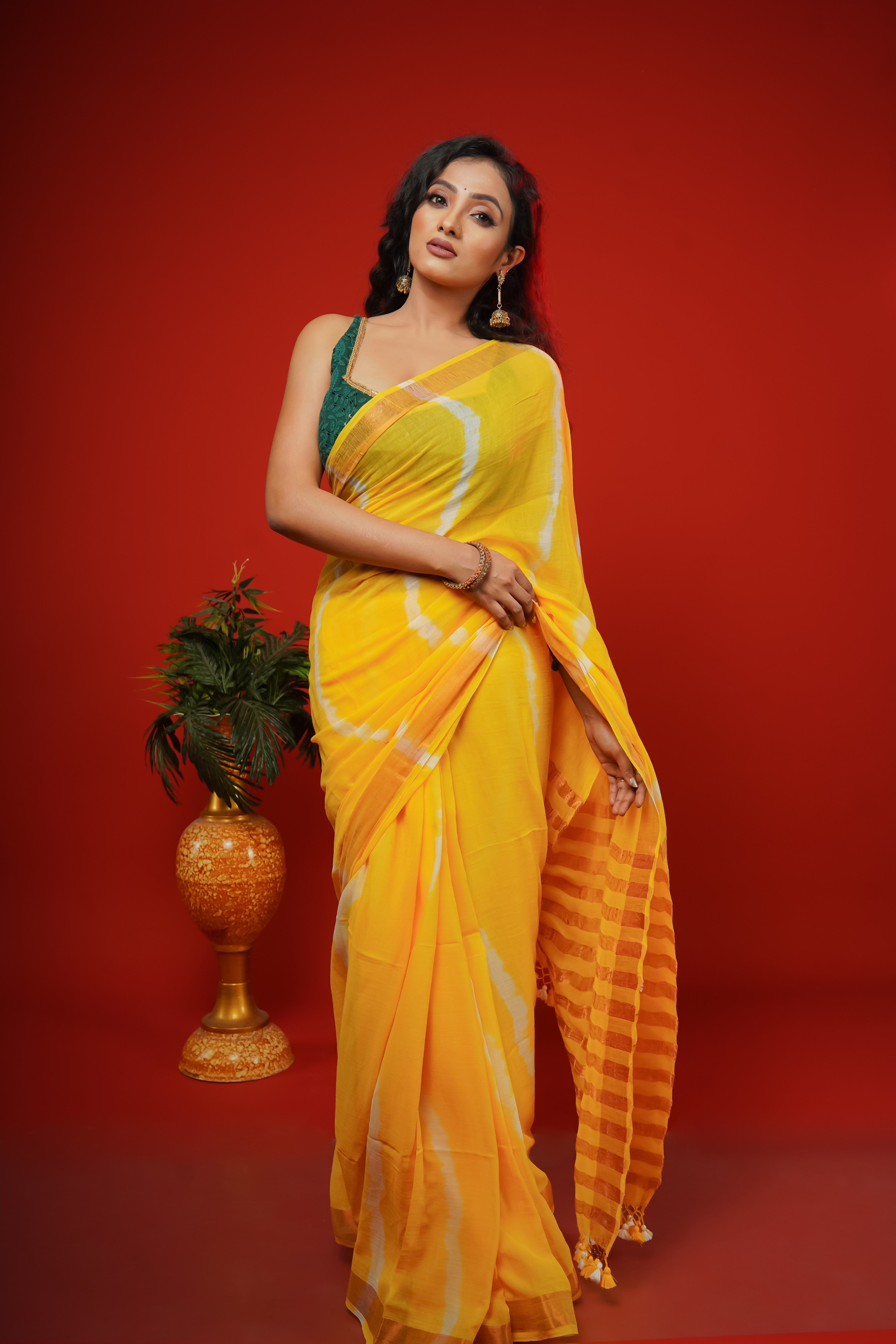 Yellow Shibori Print Pure Mulmul Cotton Saree