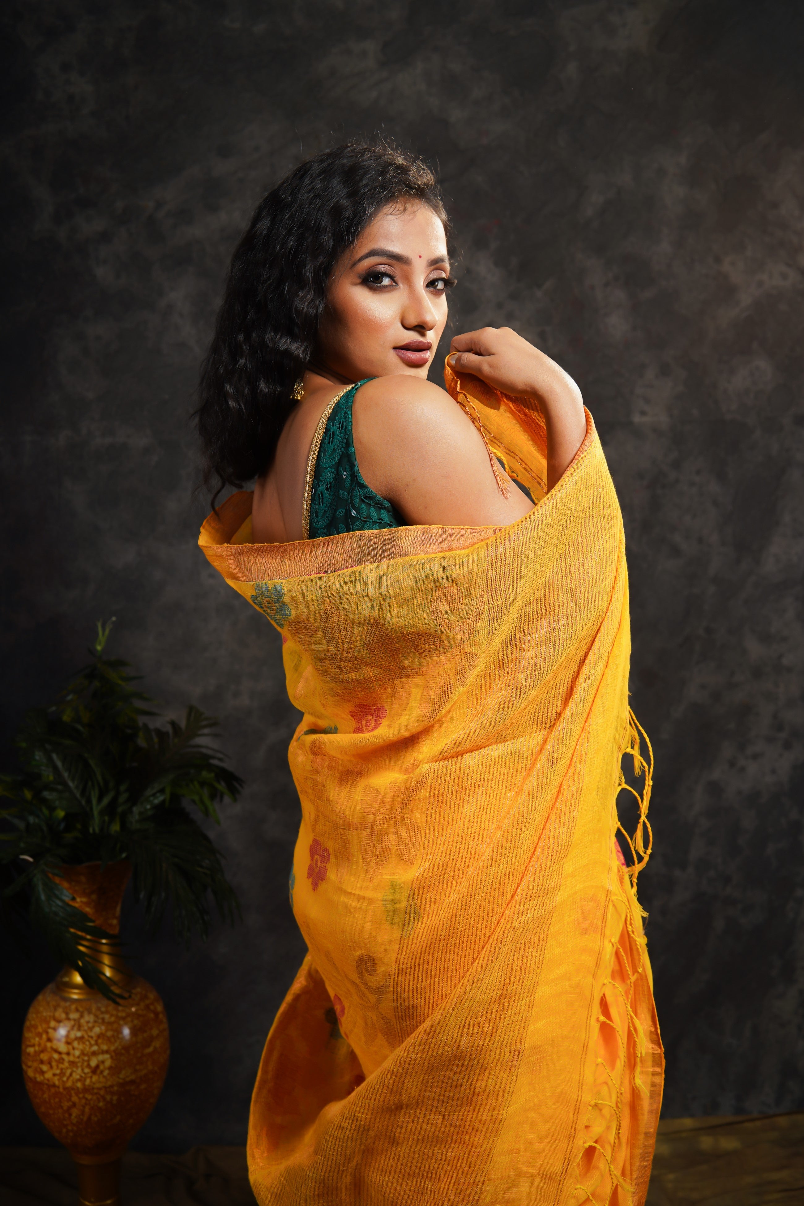 Yellow floral pure Linen hand woven saree