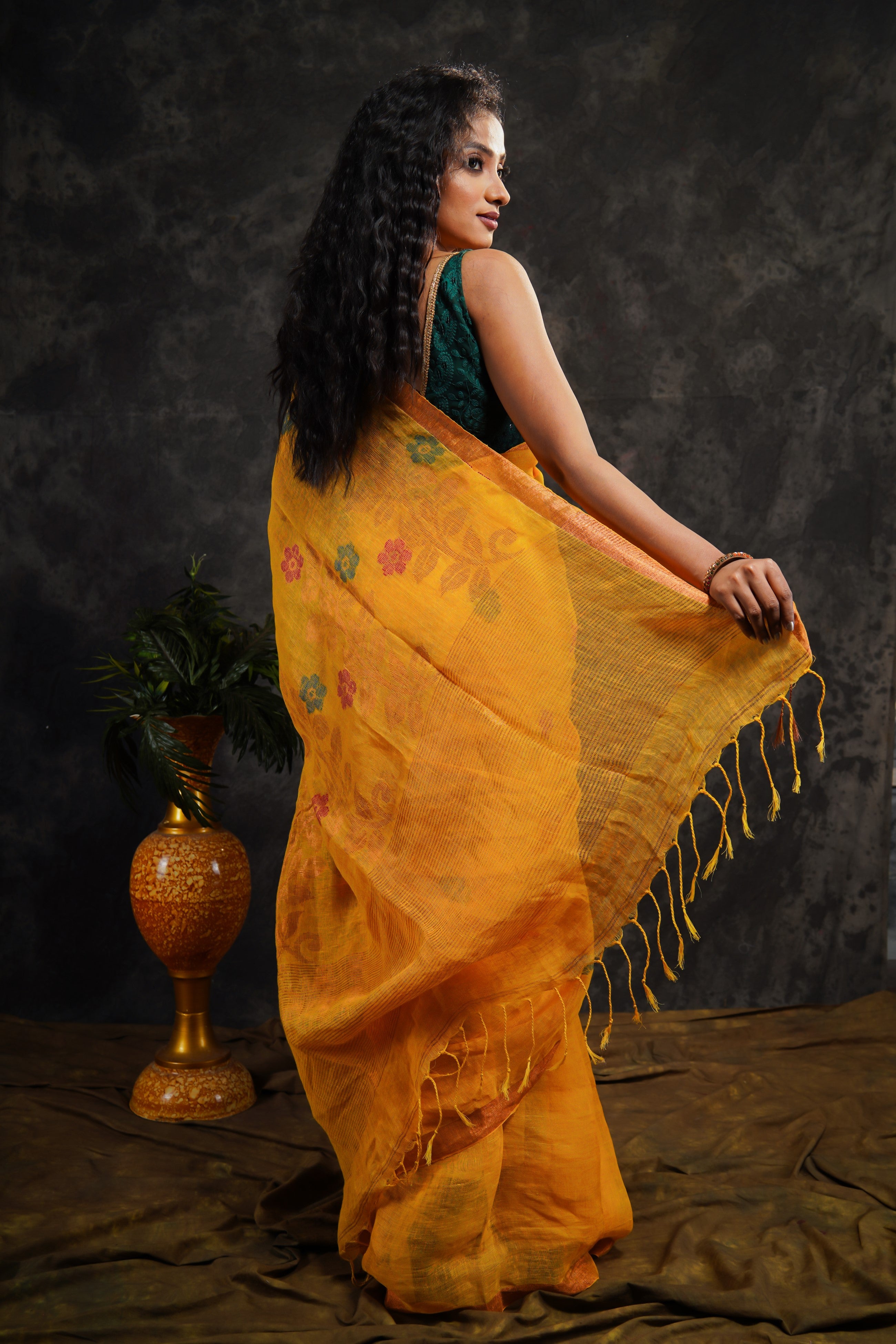 Yellow floral pure Linen hand woven saree