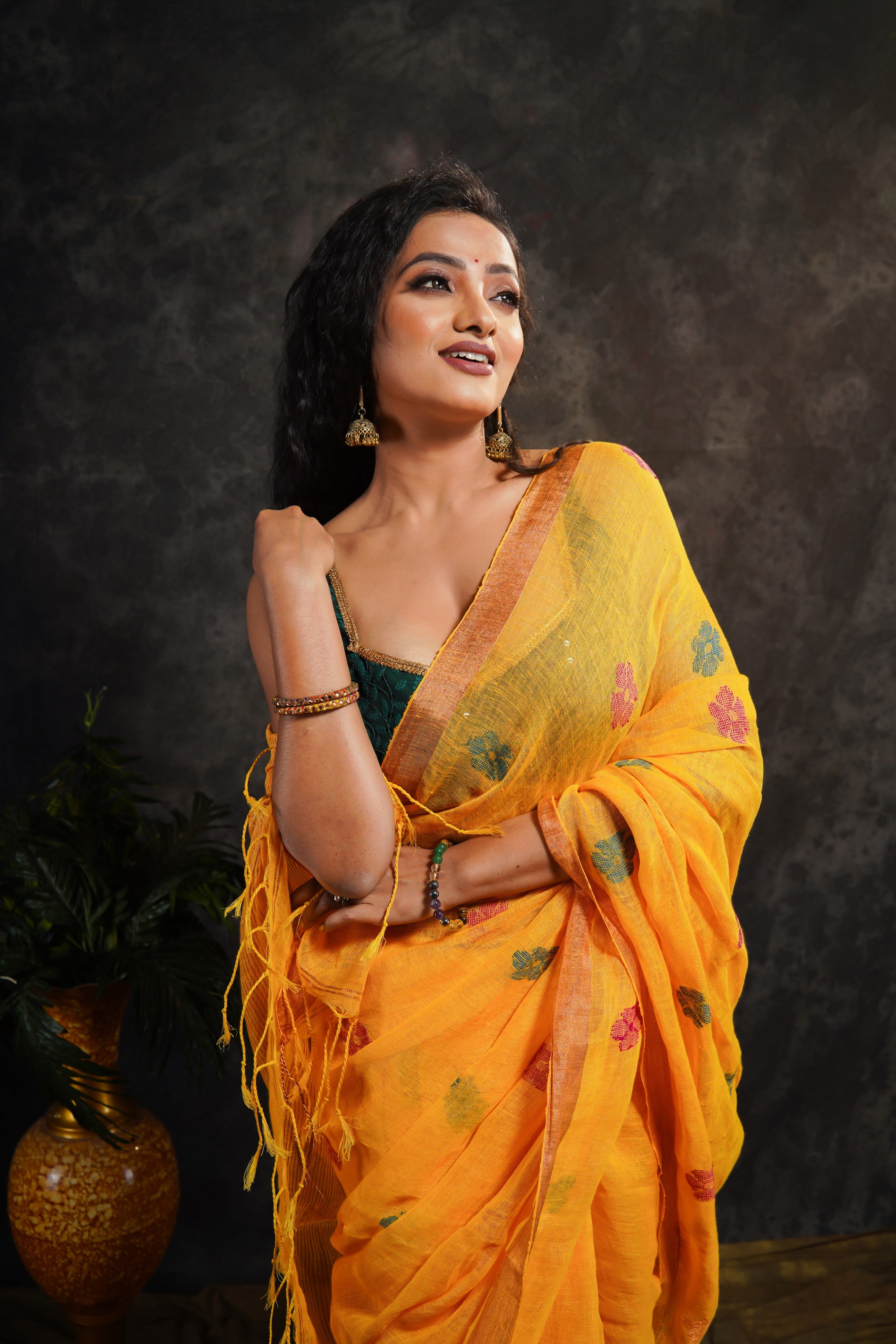 Yellow floral pure Linen hand woven saree