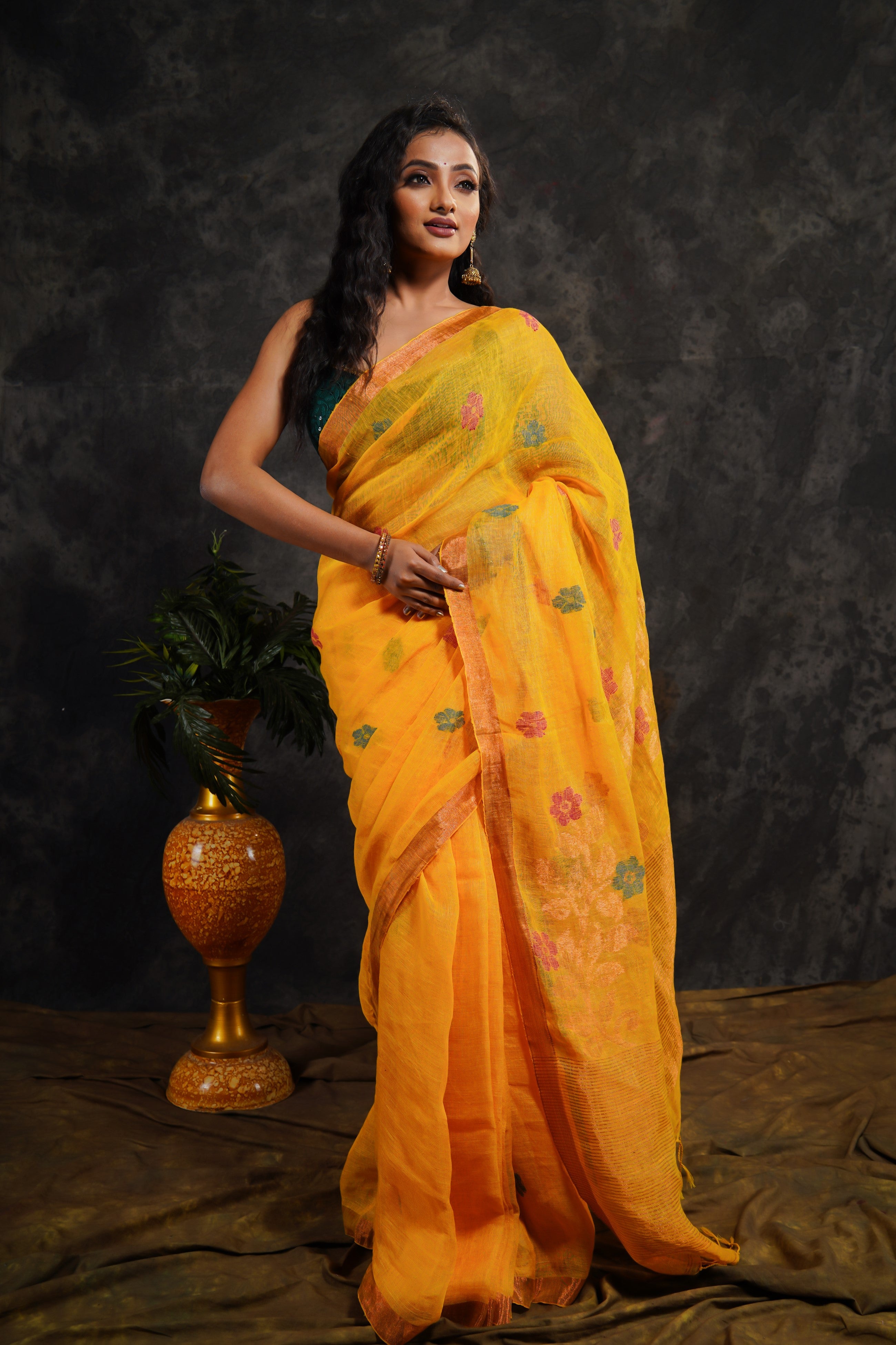 Yellow floral pure Linen hand woven saree