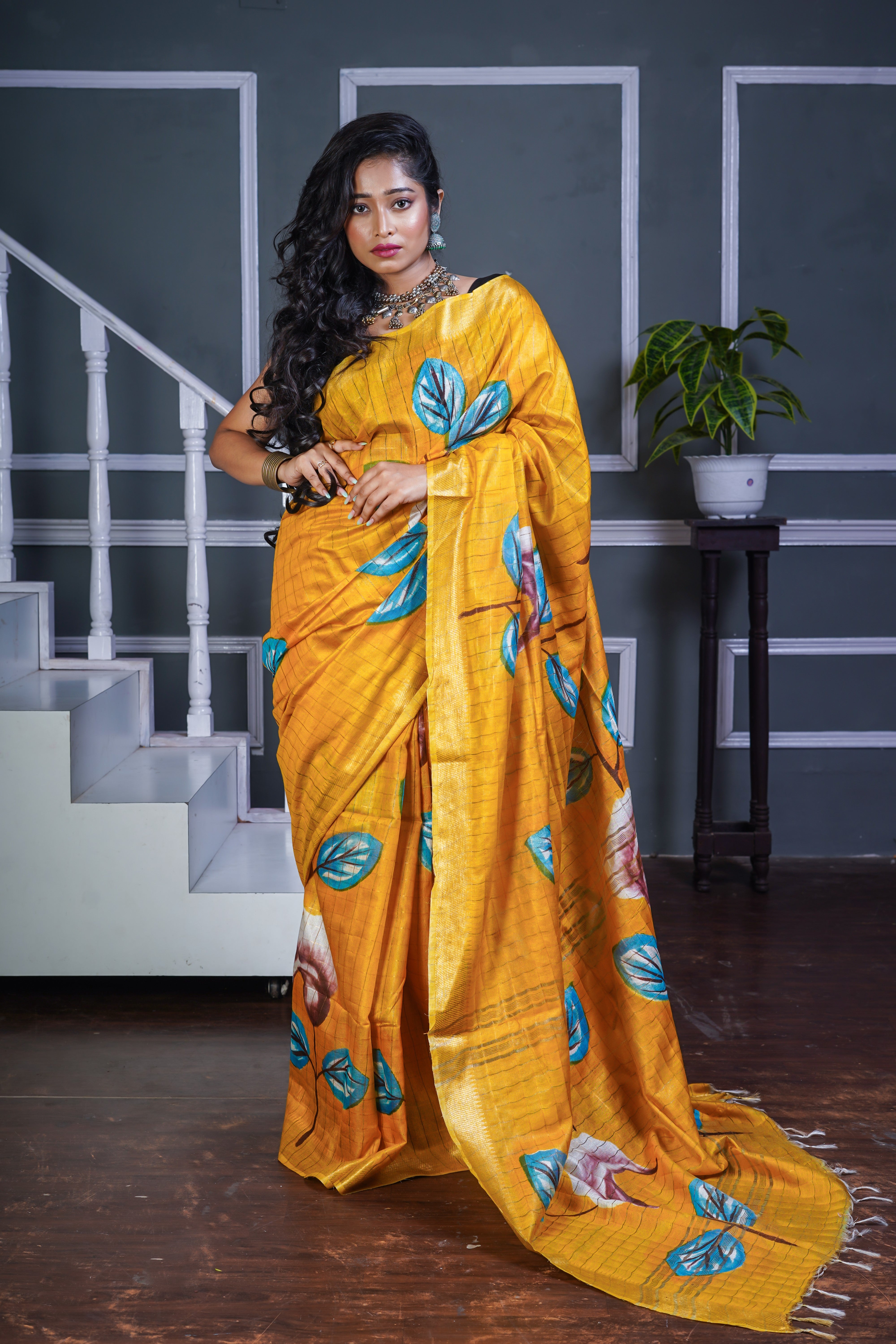 Yellow Floral Pure Mangalgiri Silk Saree