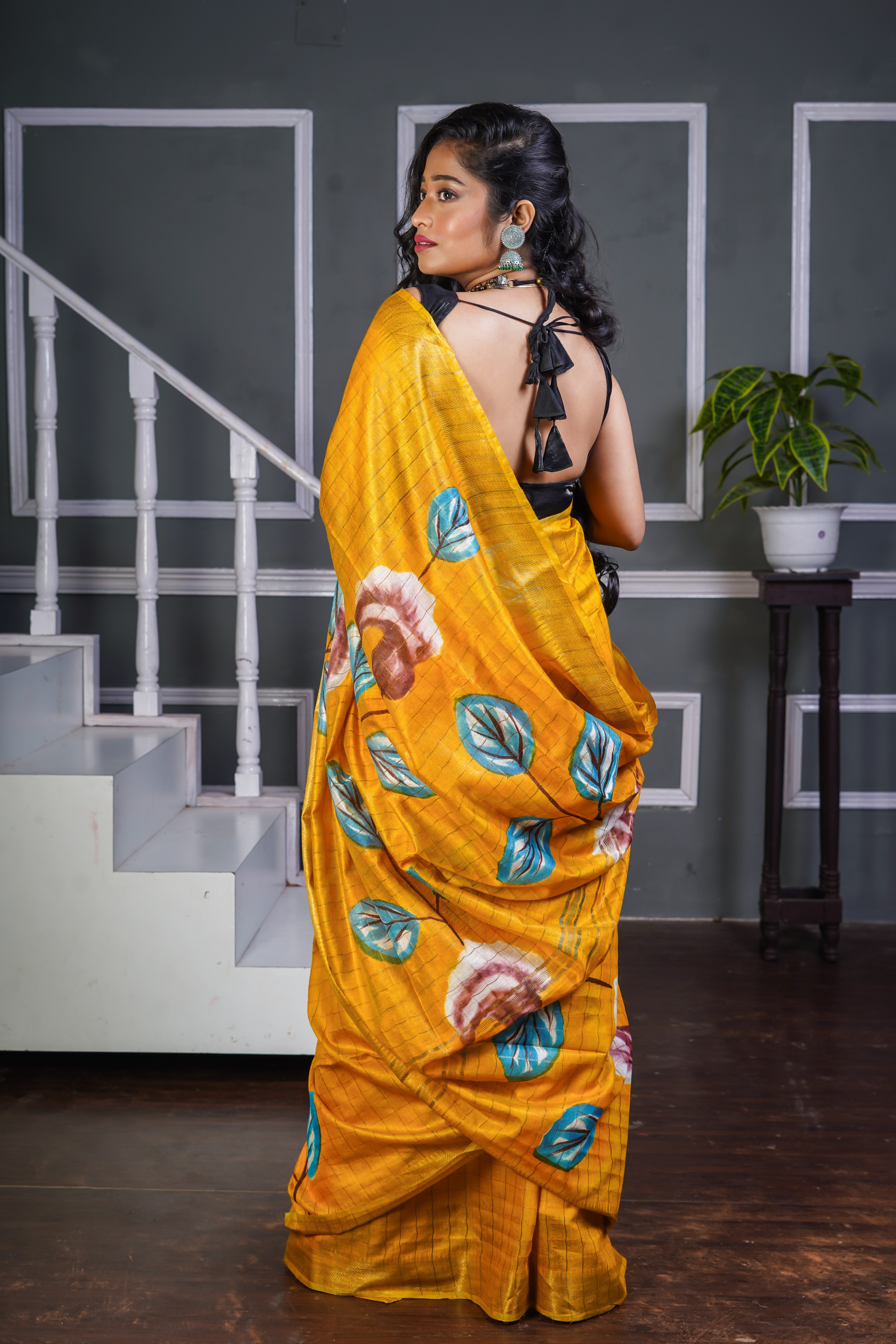 Yellow Floral Pure Mangalgiri Silk Saree