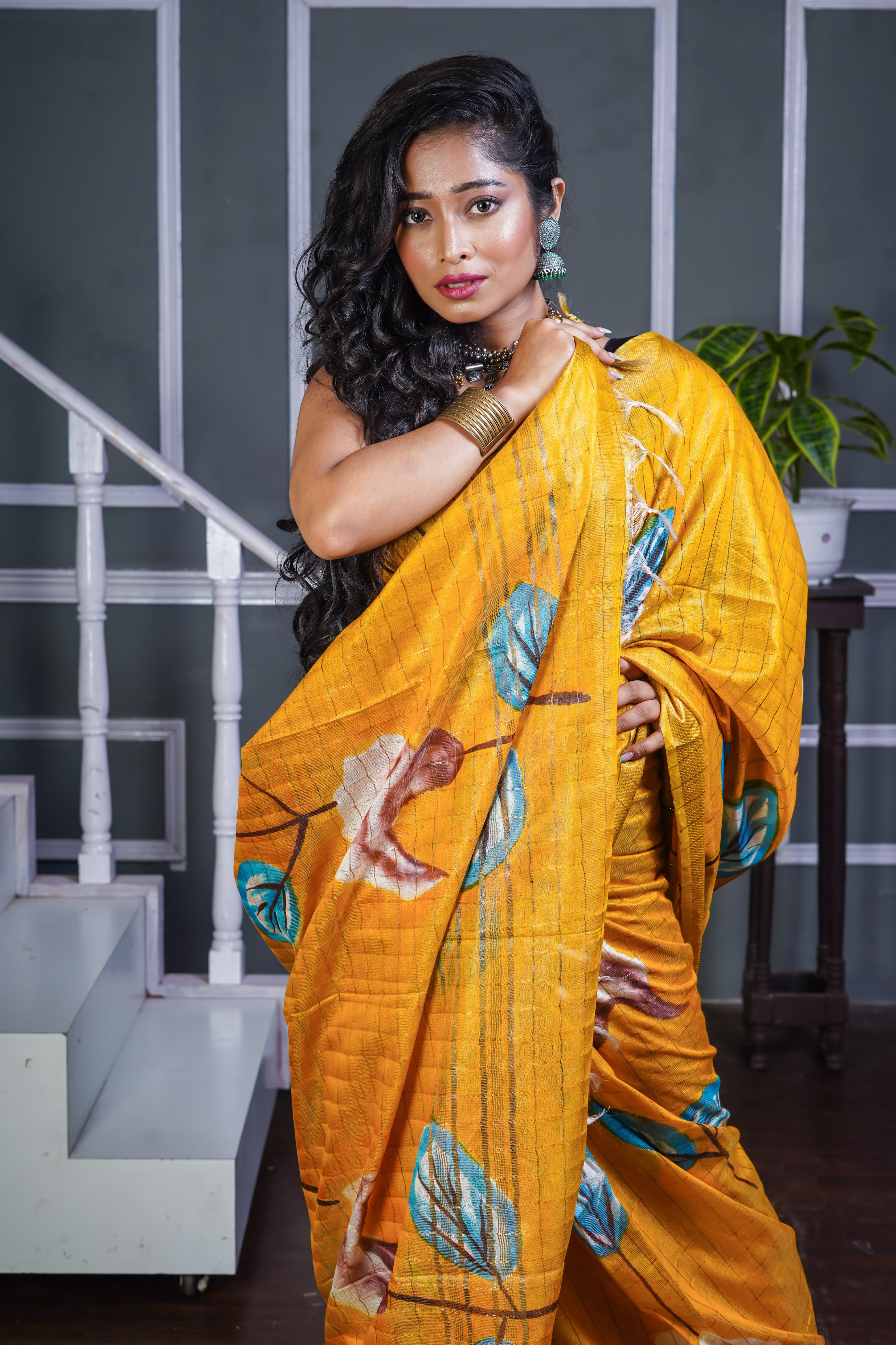 Yellow Floral Pure Mangalgiri Silk Saree