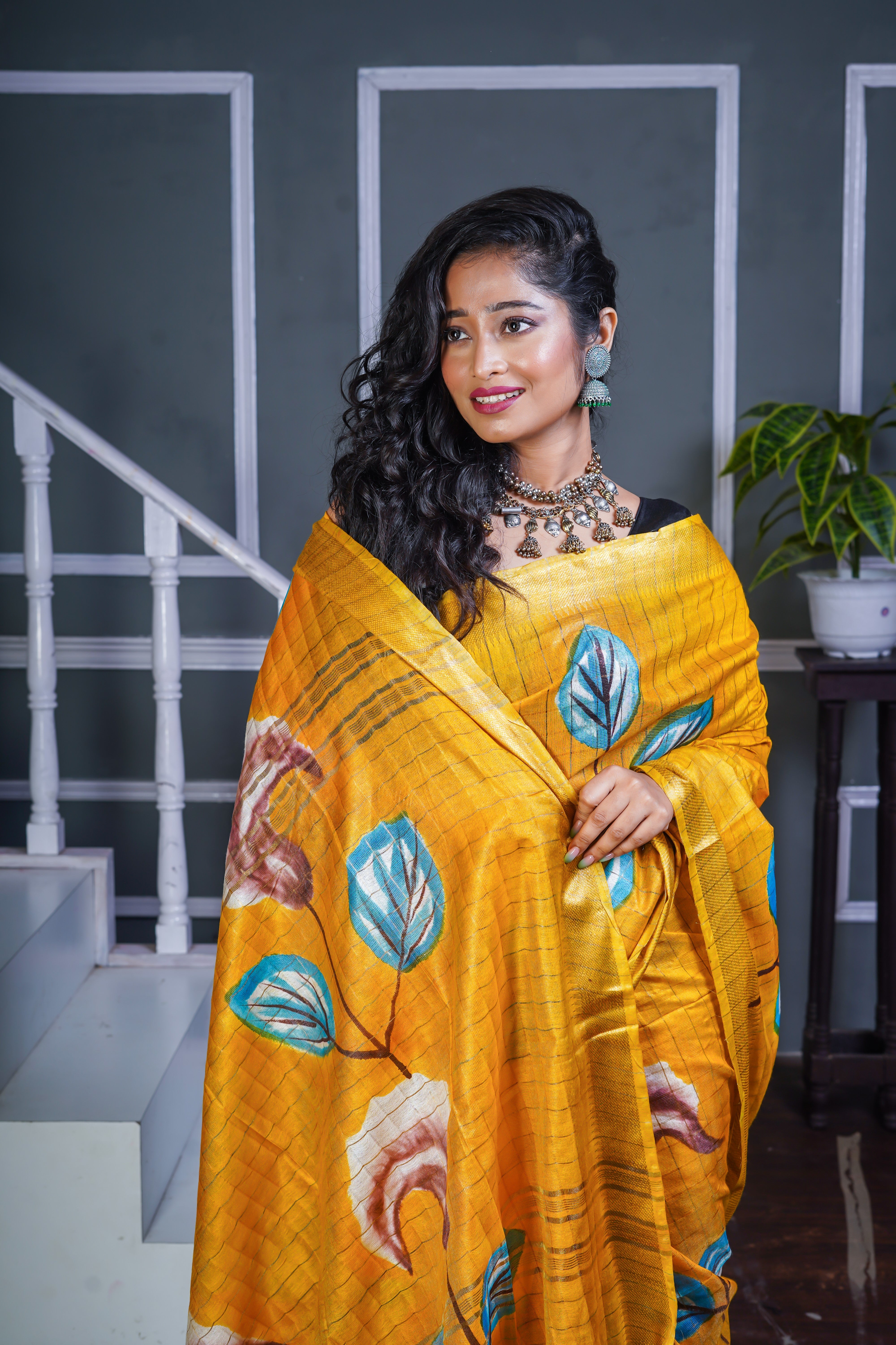 Yellow Floral Pure Mangalgiri Silk Saree