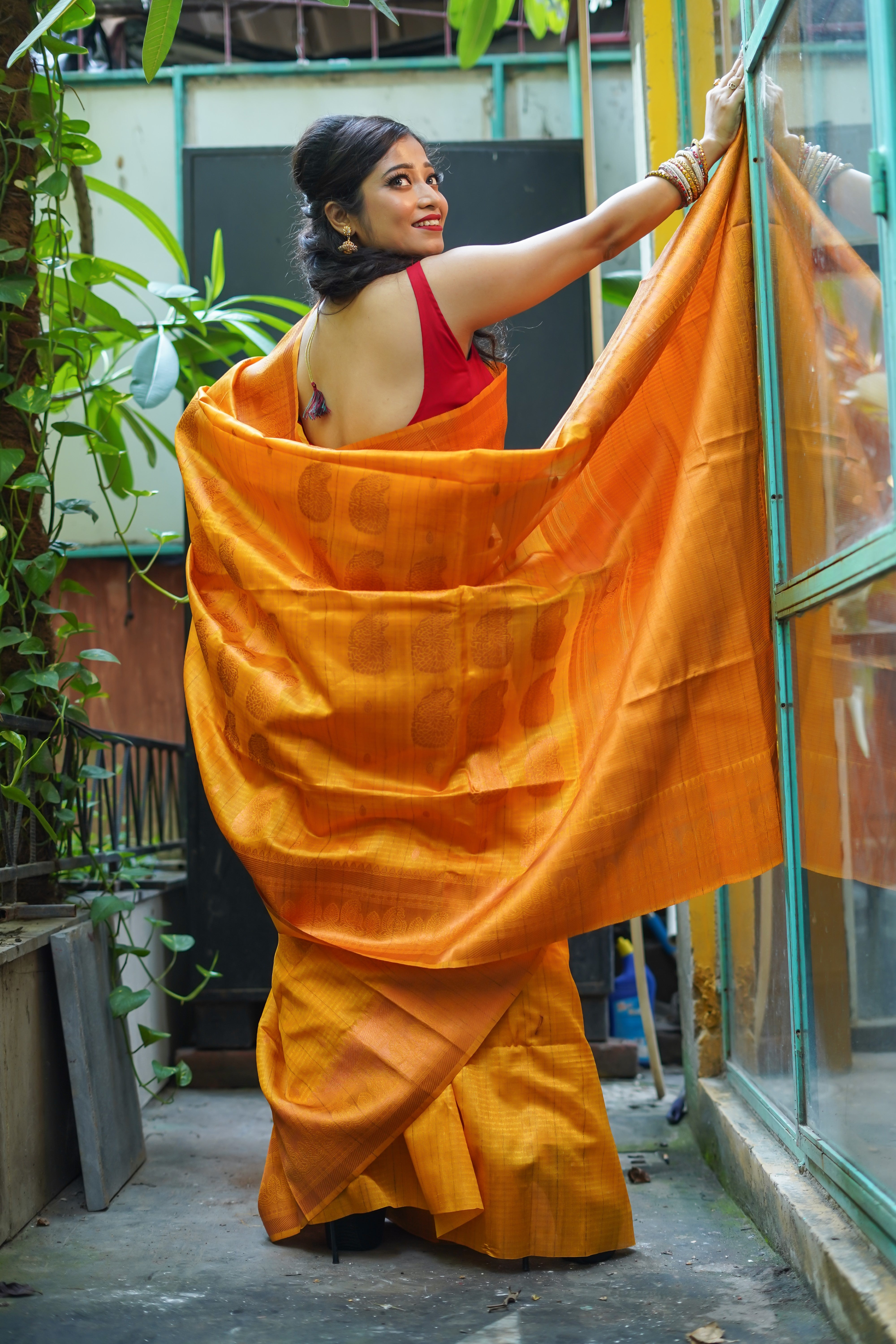 Mustard yellow ghicha weaving saree