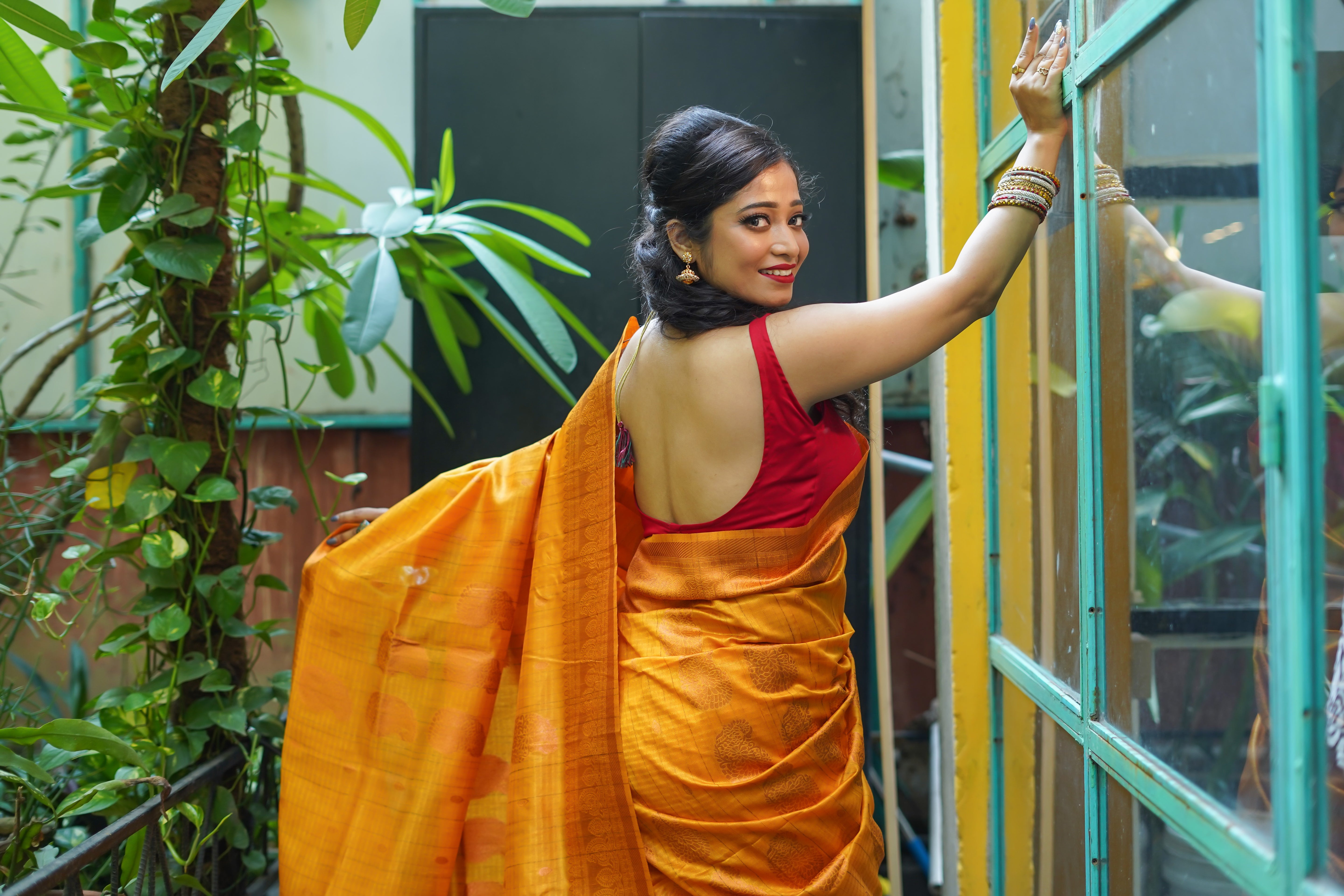 Mustard yellow ghicha weaving saree