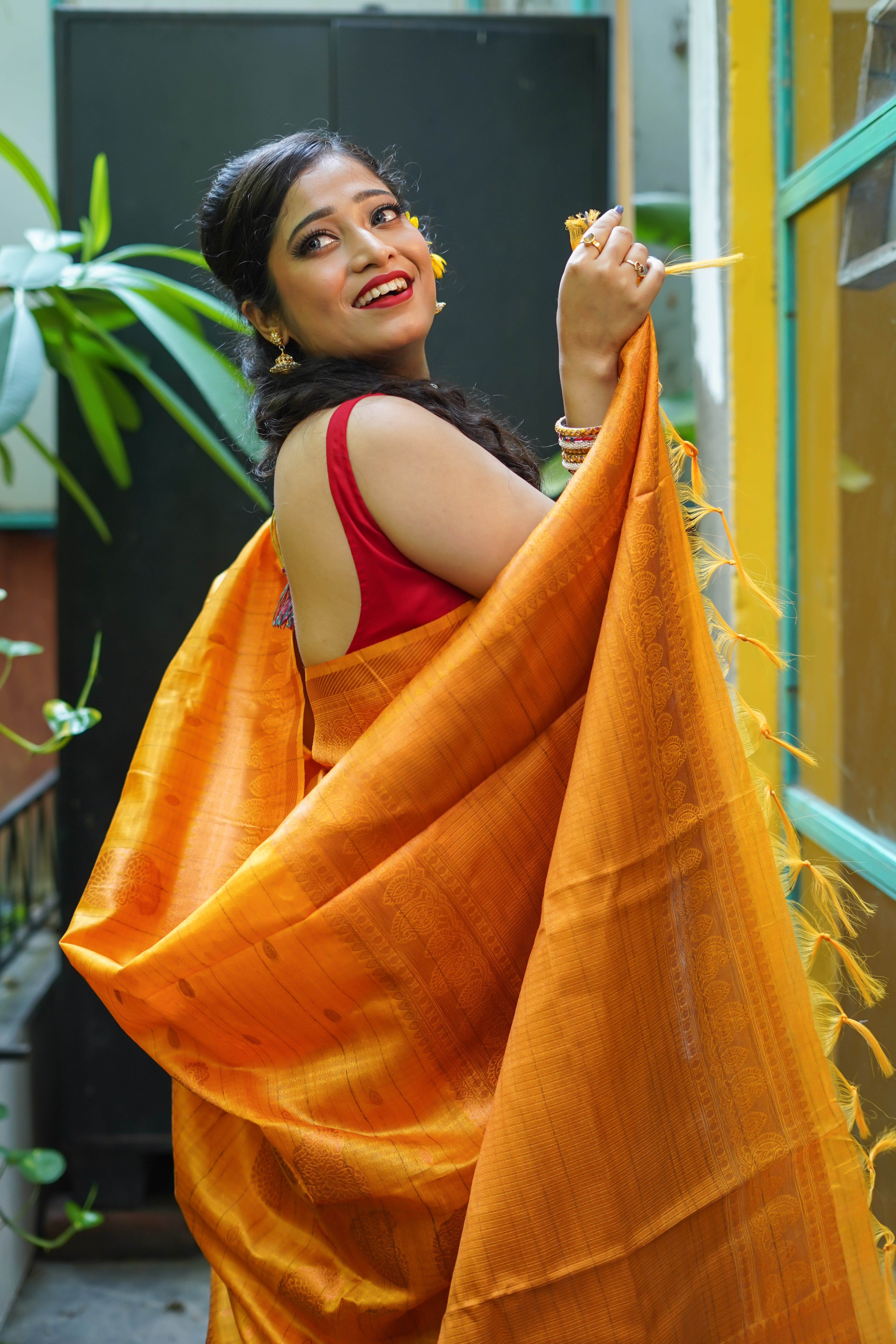 Mustard yellow ghicha weaving saree