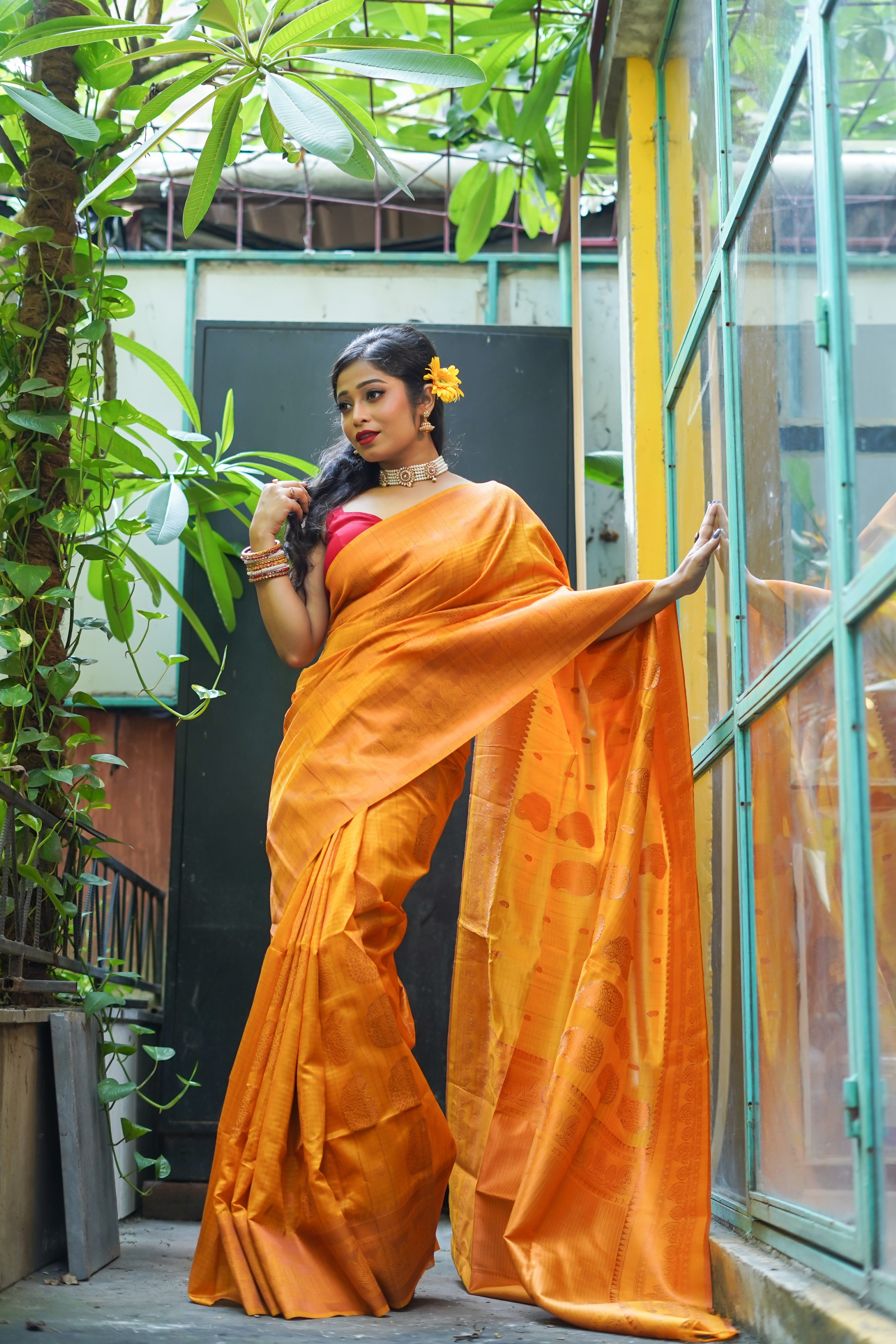 Mustard yellow ghicha weaving saree