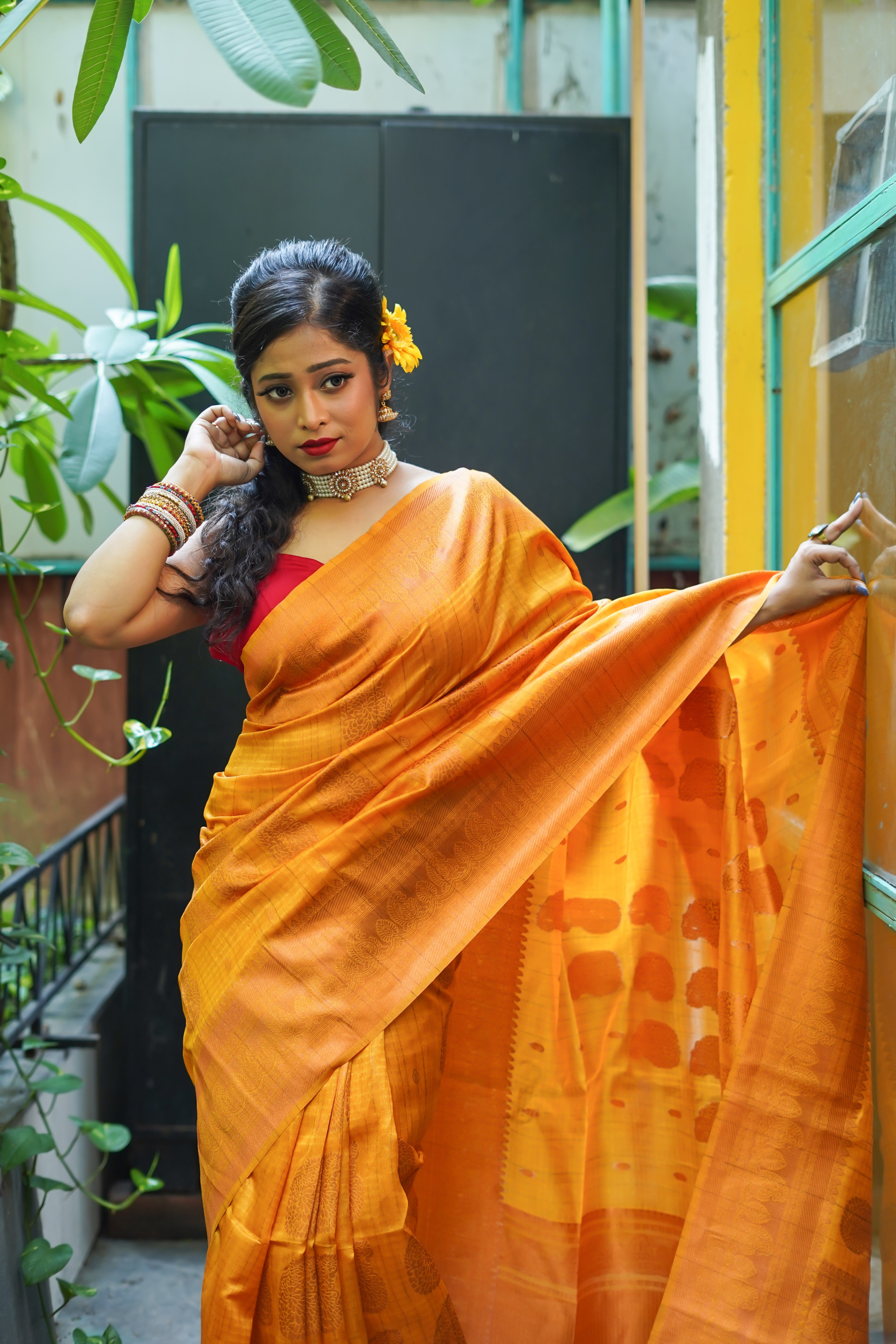 Mustard yellow ghicha weaving saree