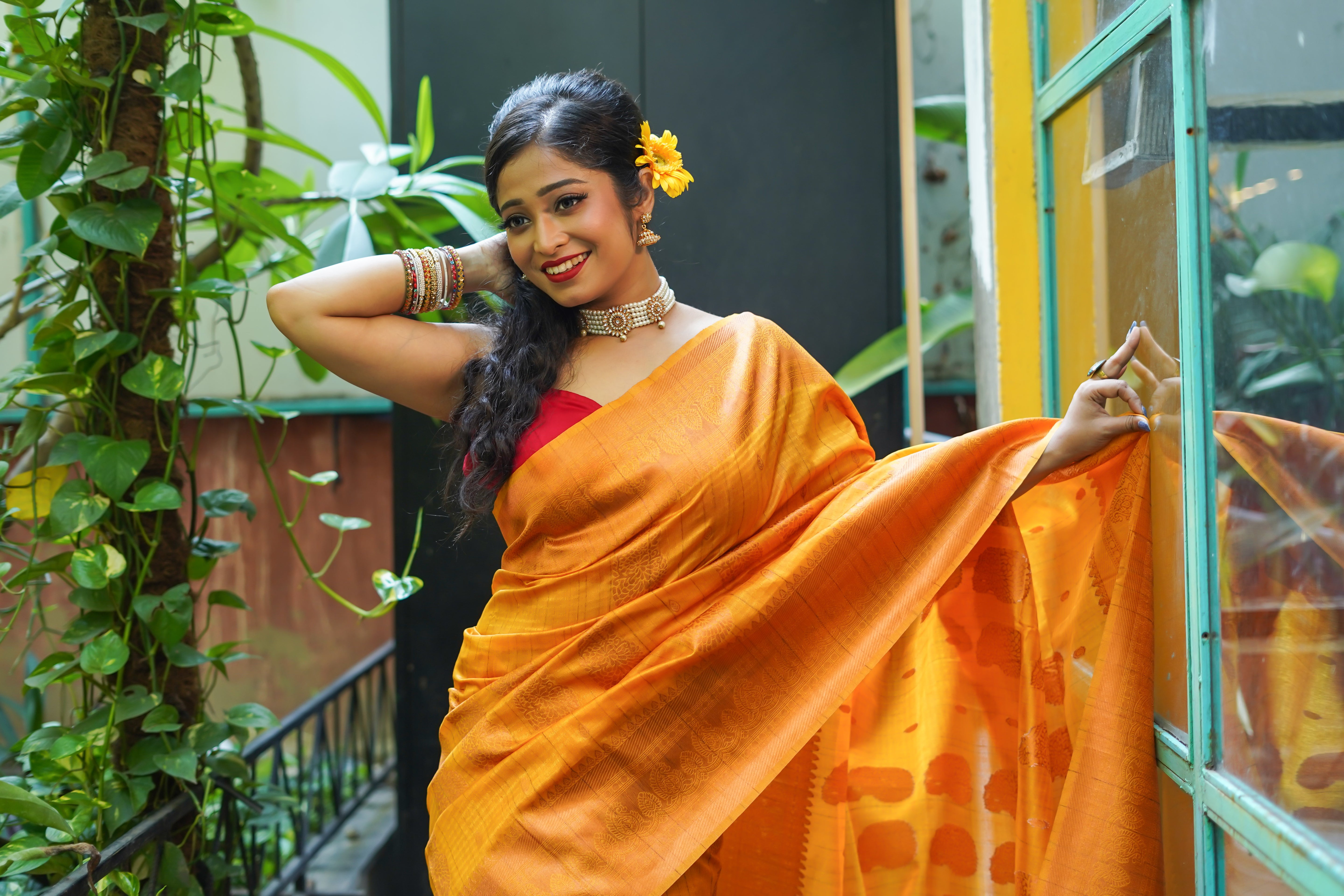 Mustard yellow ghicha weaving saree