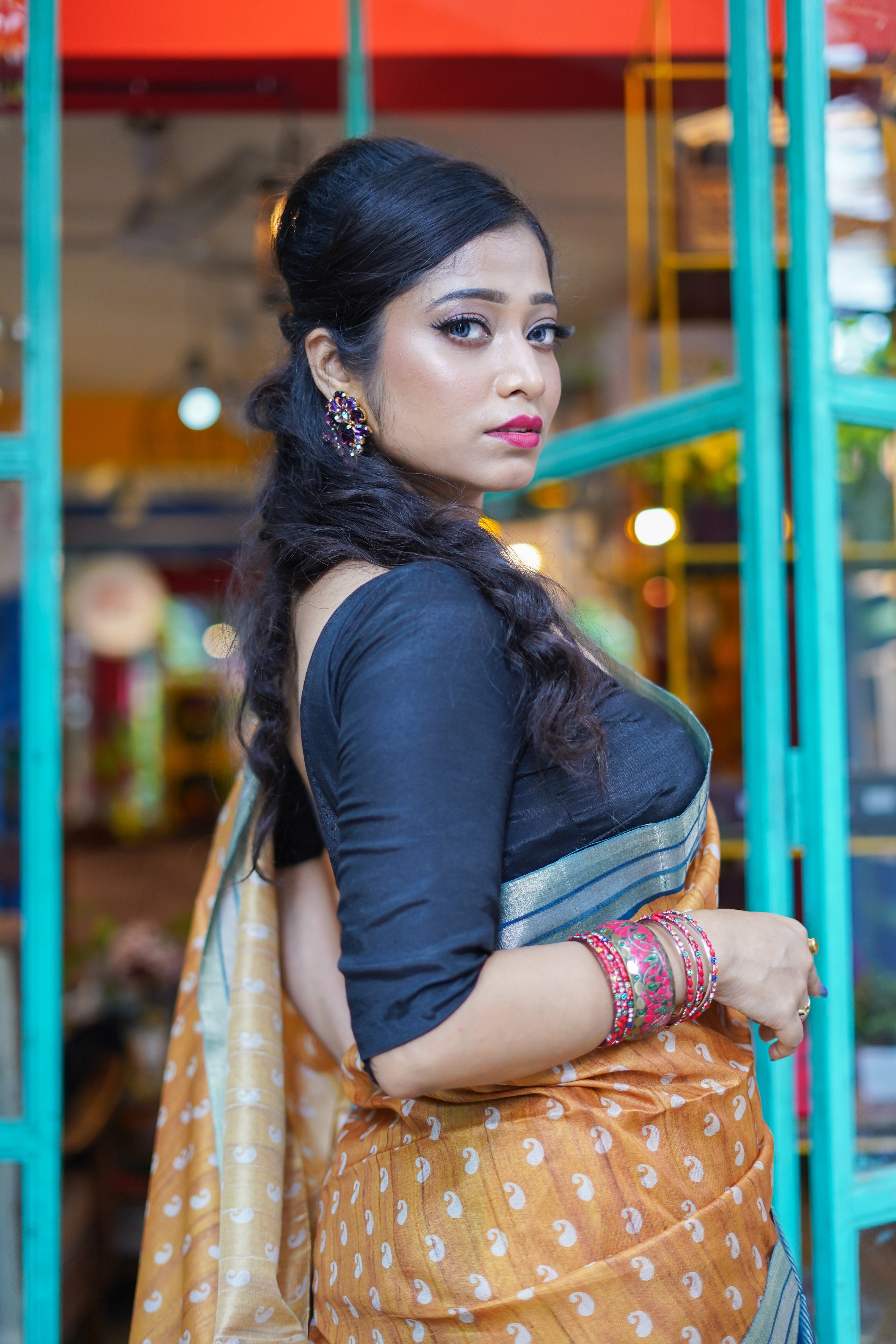 Yellow kolka printed Semi Tussar silk saree