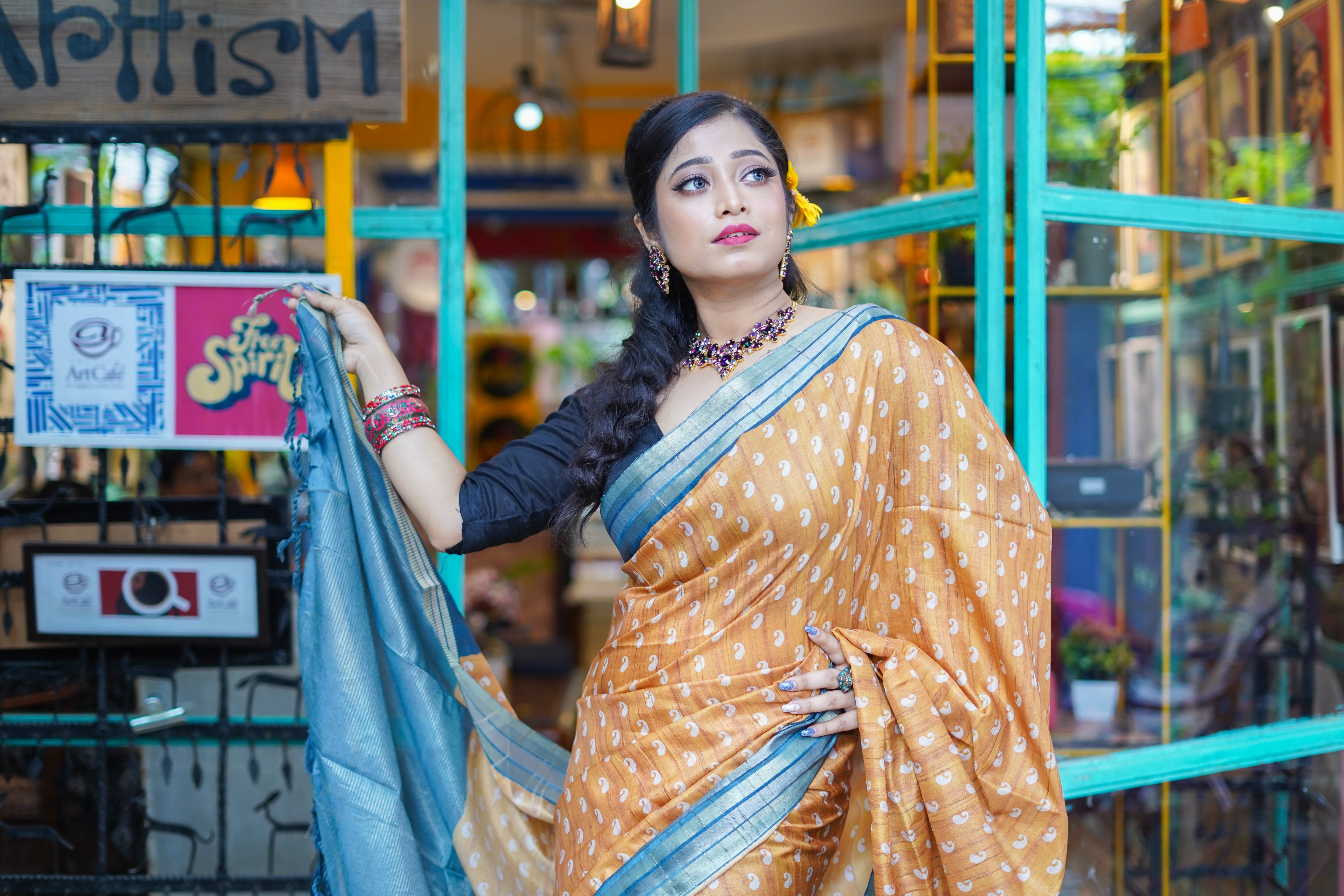 Yellow kolka printed Semi Tussar silk saree