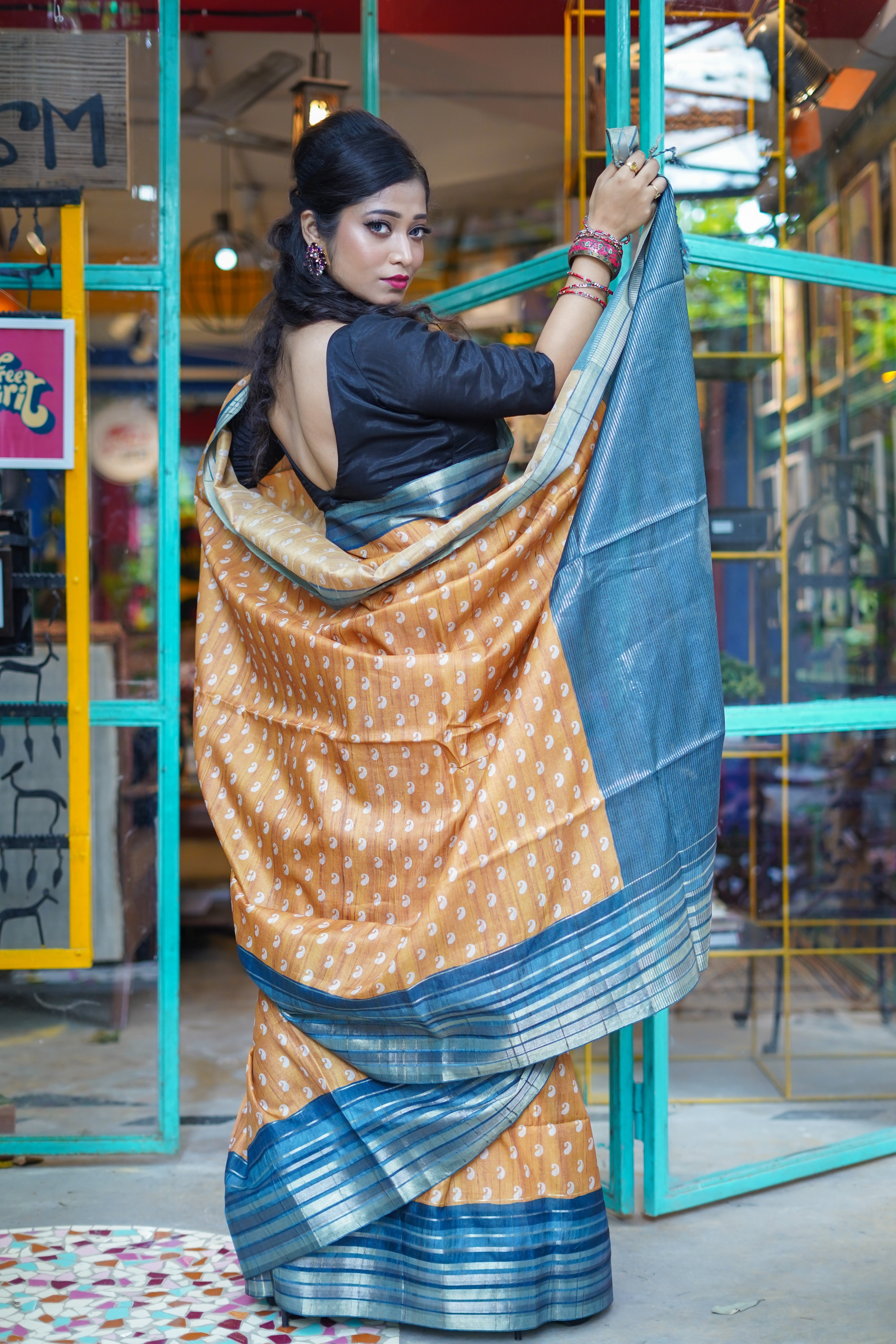 Yellow kolka printed Semi Tussar silk saree