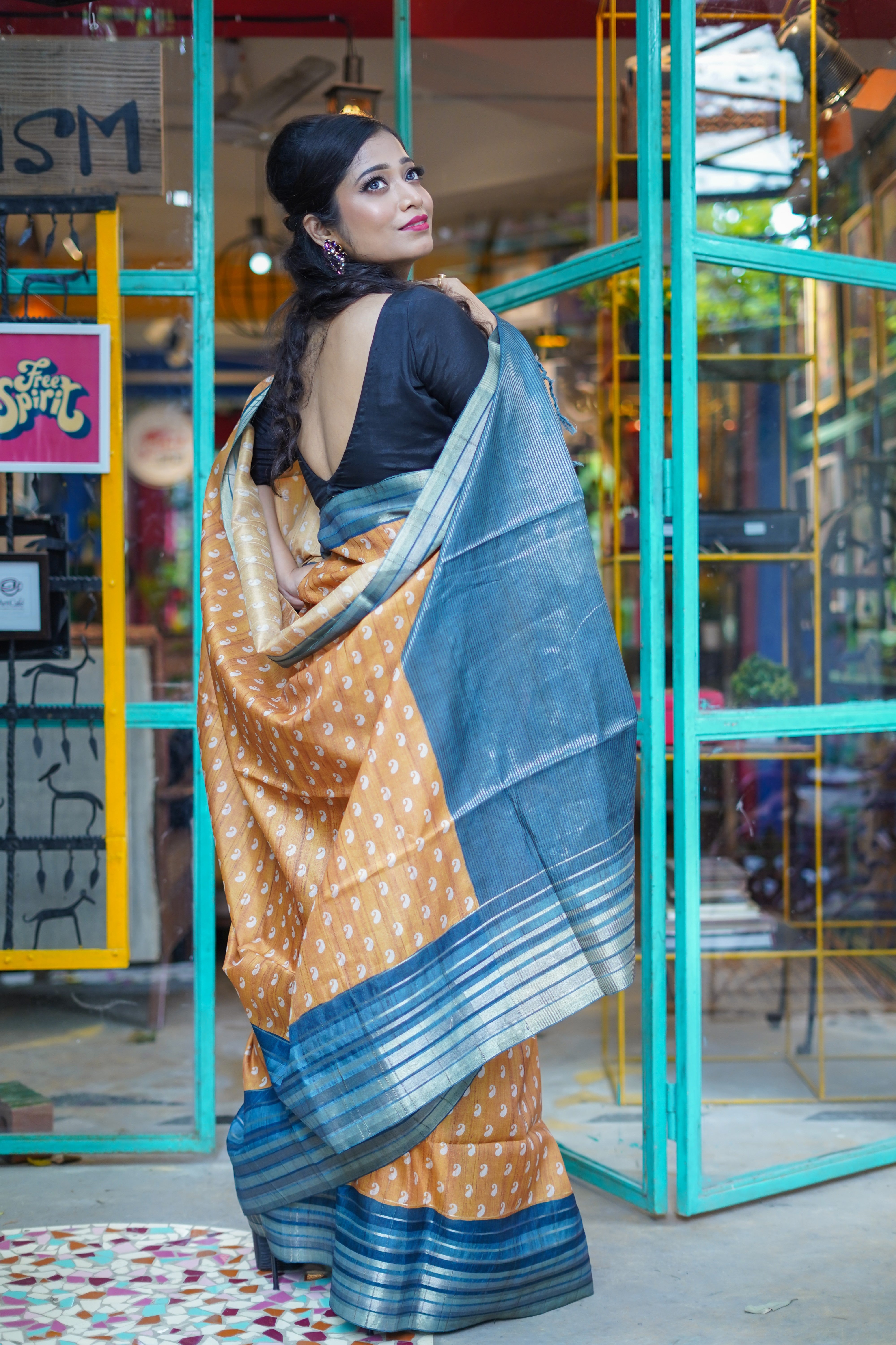 Yellow kolka printed Semi Tussar silk saree