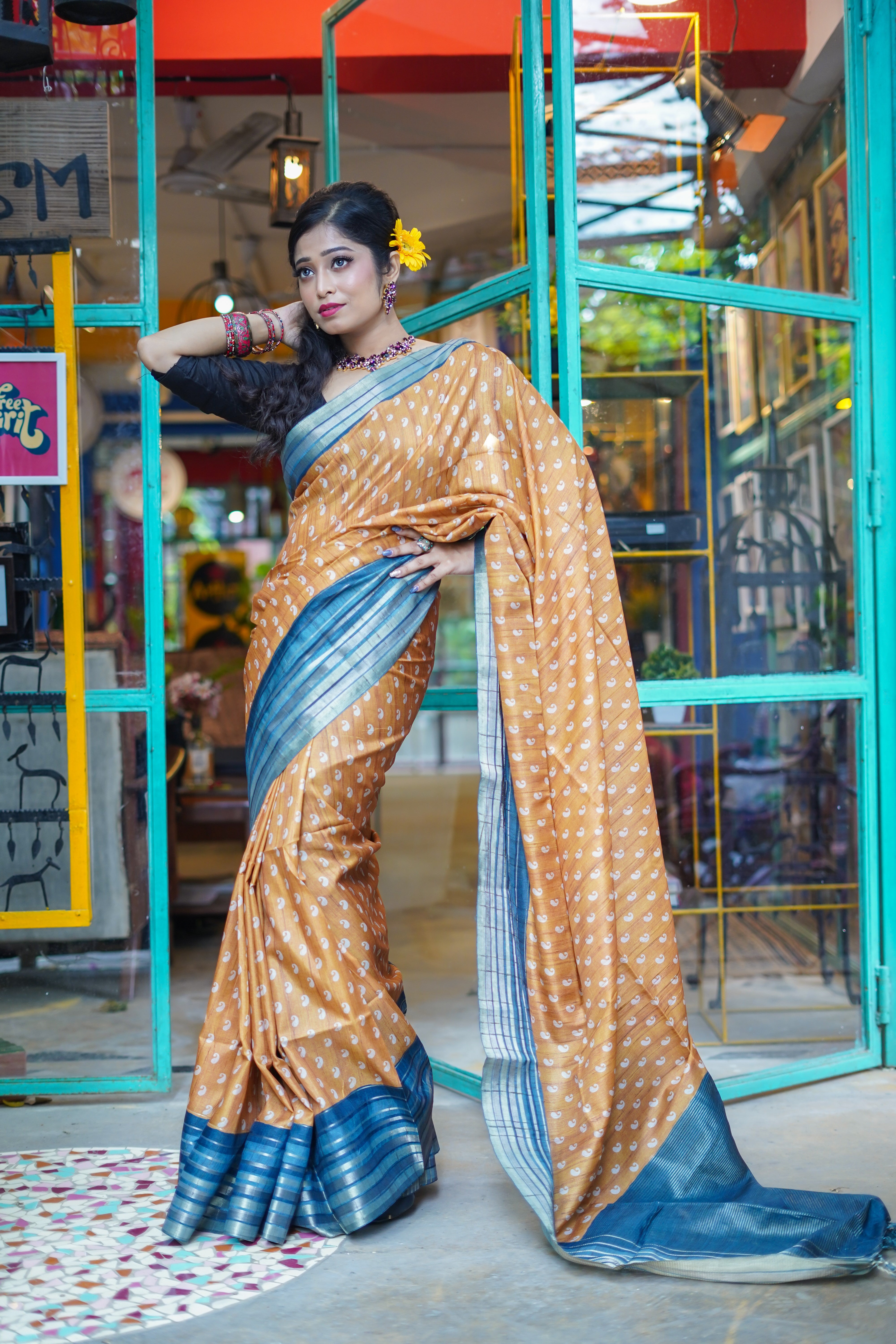 Yellow kolka printed Semi Tussar silk saree