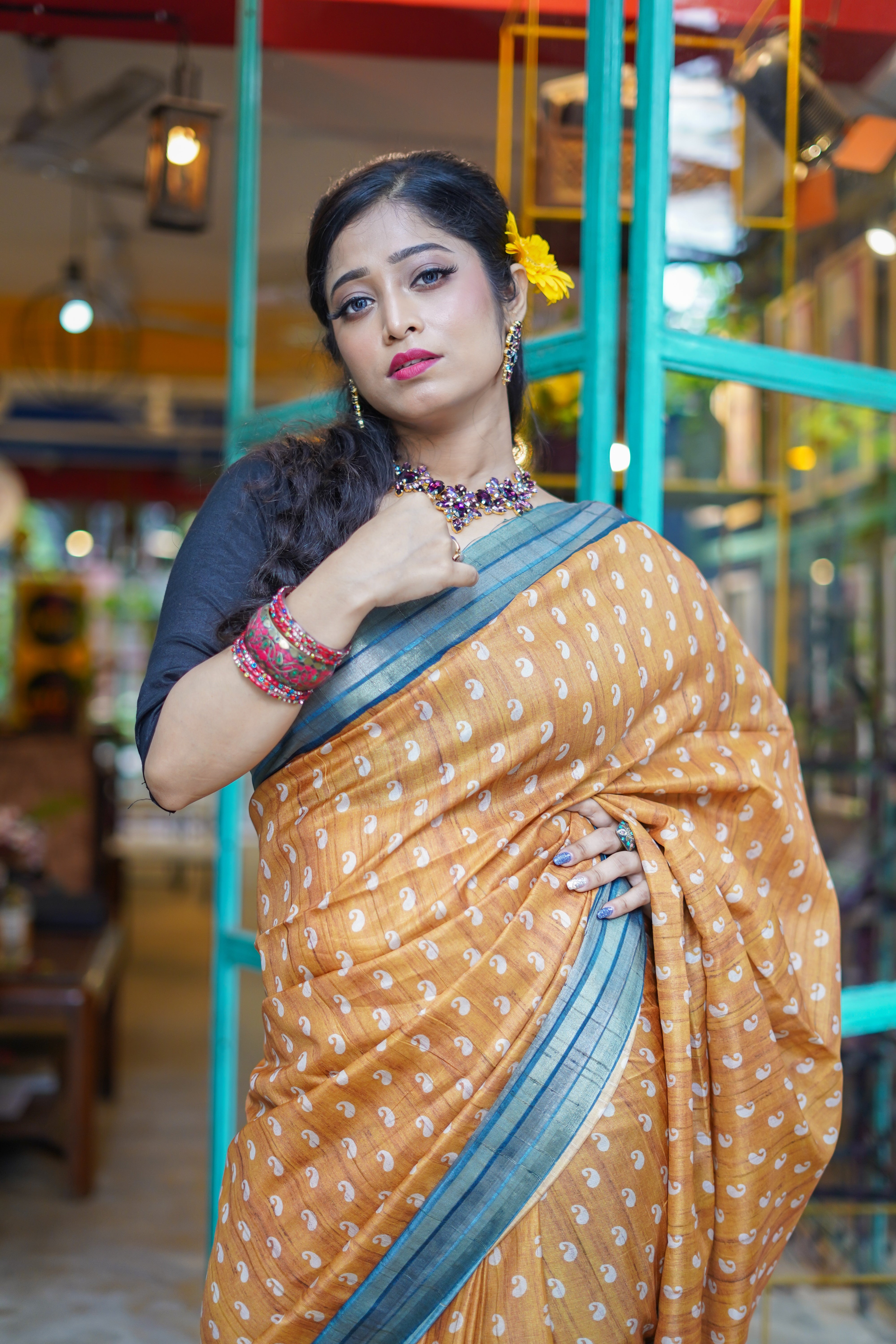 Yellow kolka printed Semi Tussar silk saree