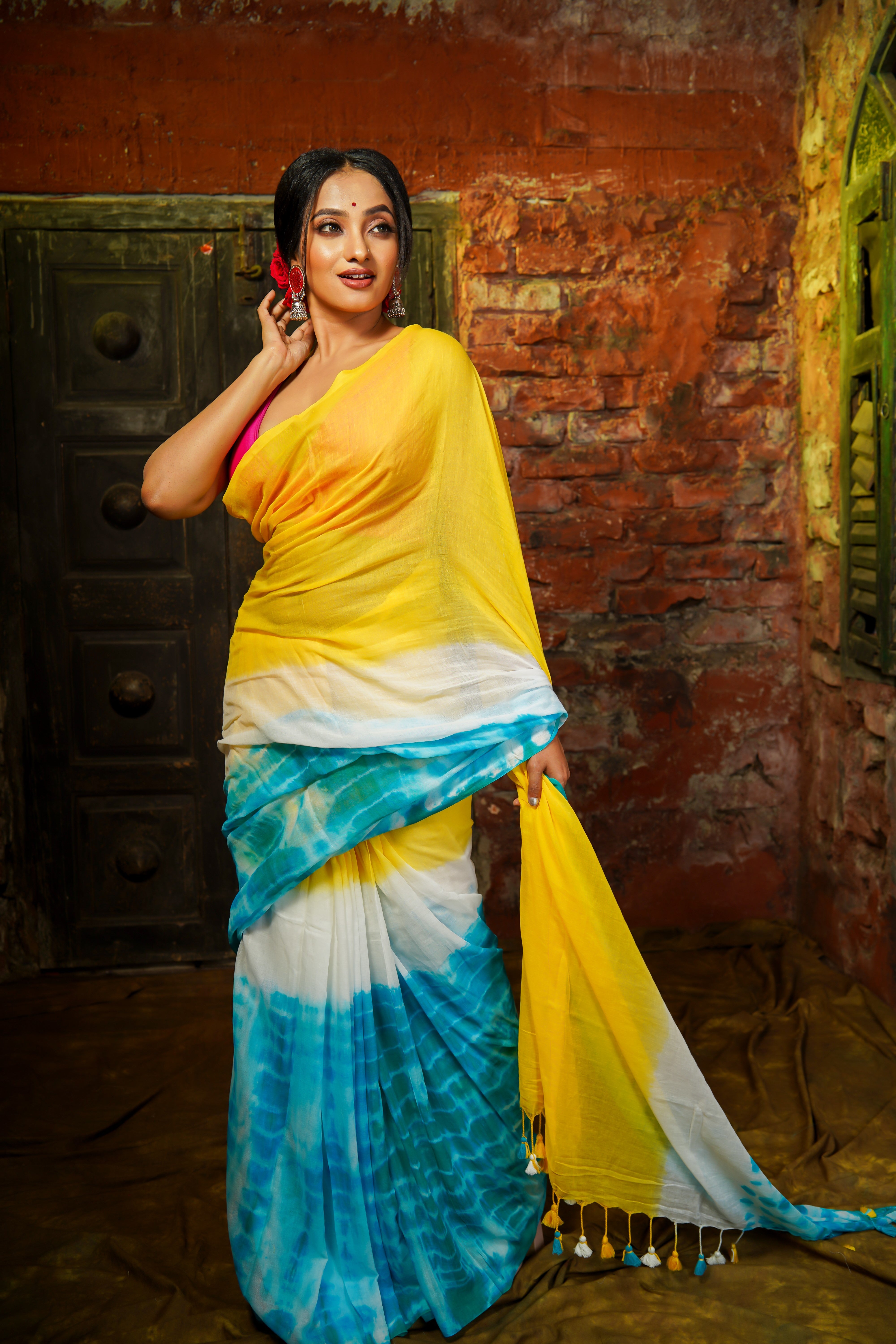 Yellow Multi Shibori Pure Mul Cotton Saree