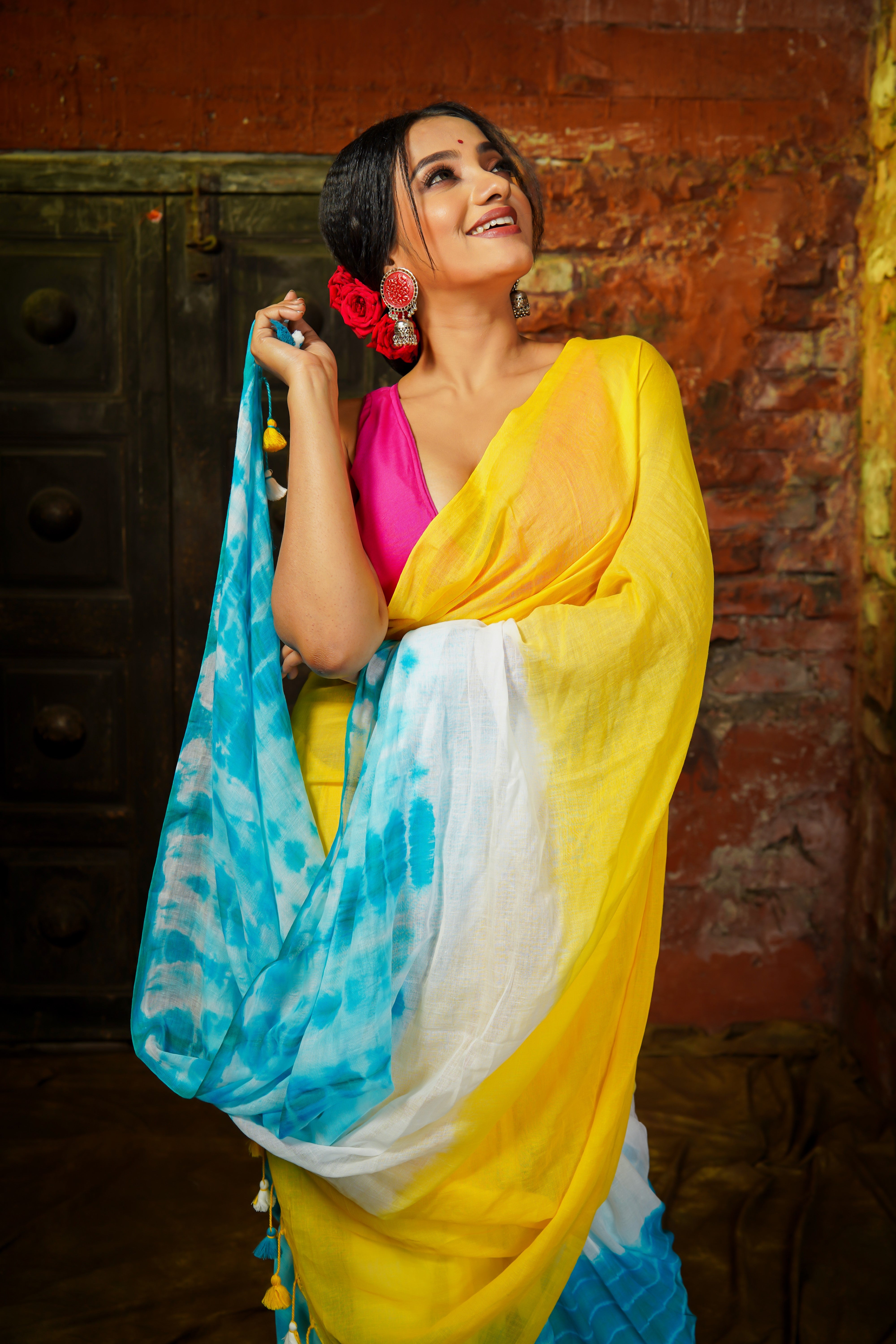 Yellow Multi Shibori Pure Mul Cotton Saree