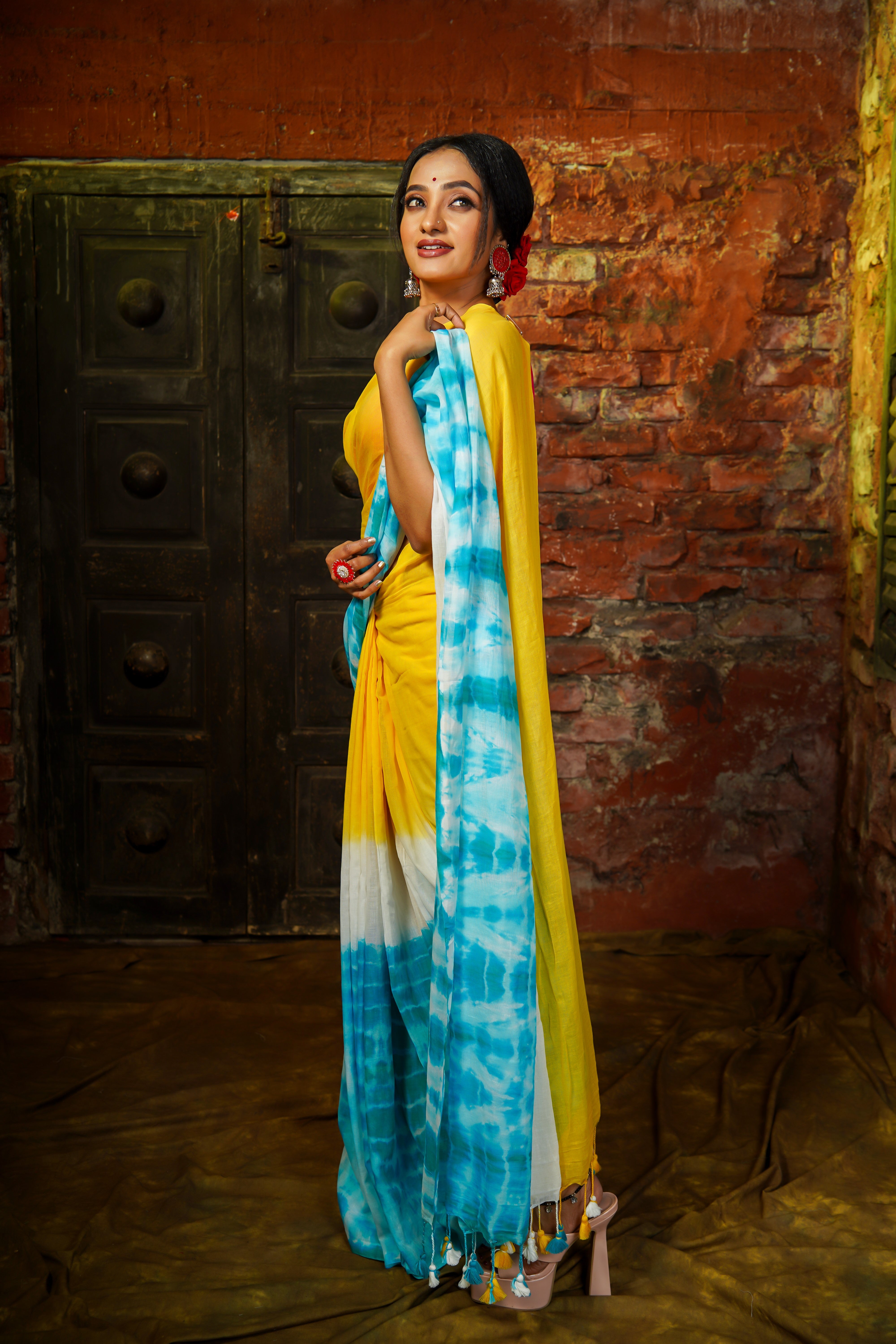 Yellow Multi Shibori Pure Mul Cotton Saree