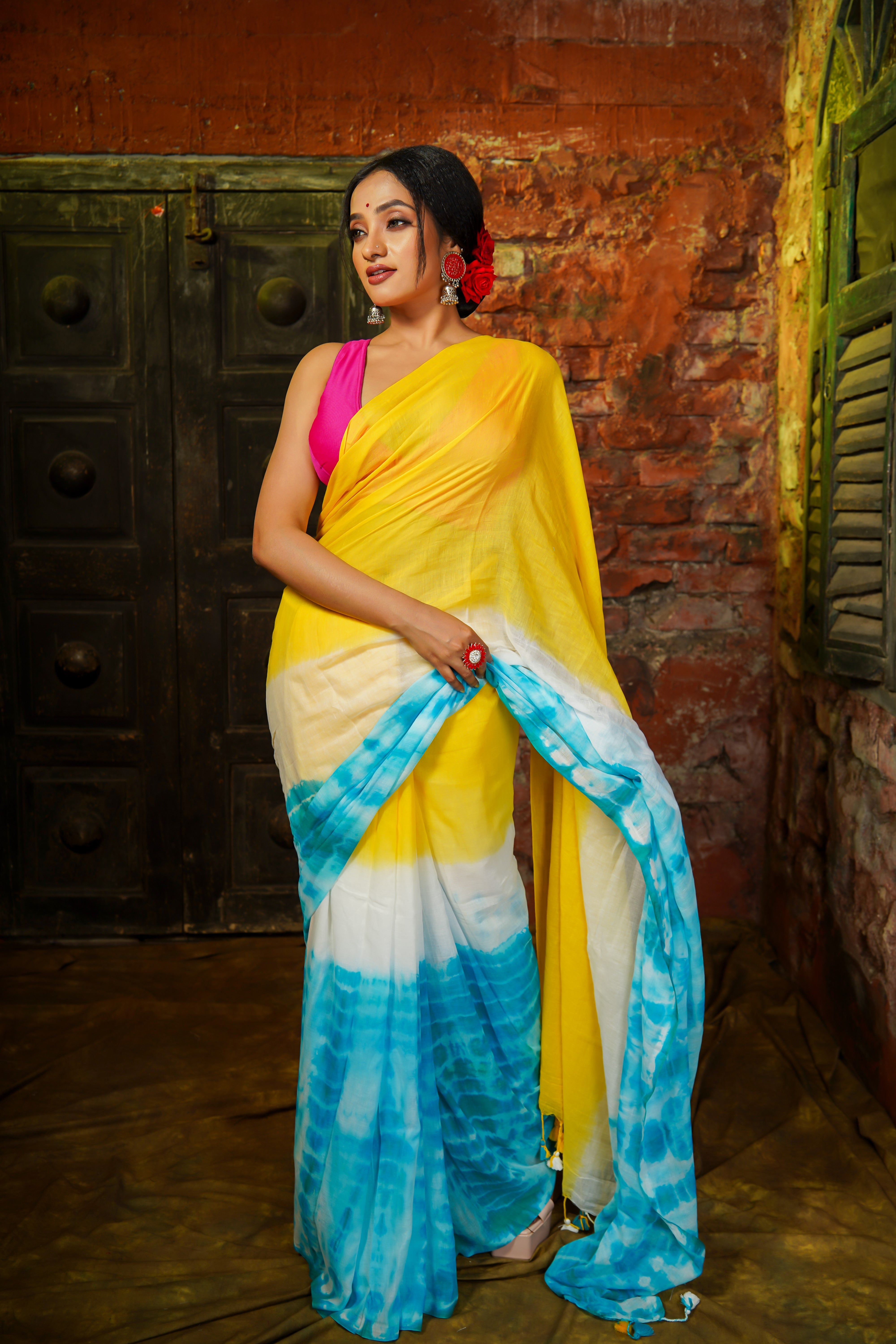 Yellow Multi Shibori Pure Mul Cotton Saree