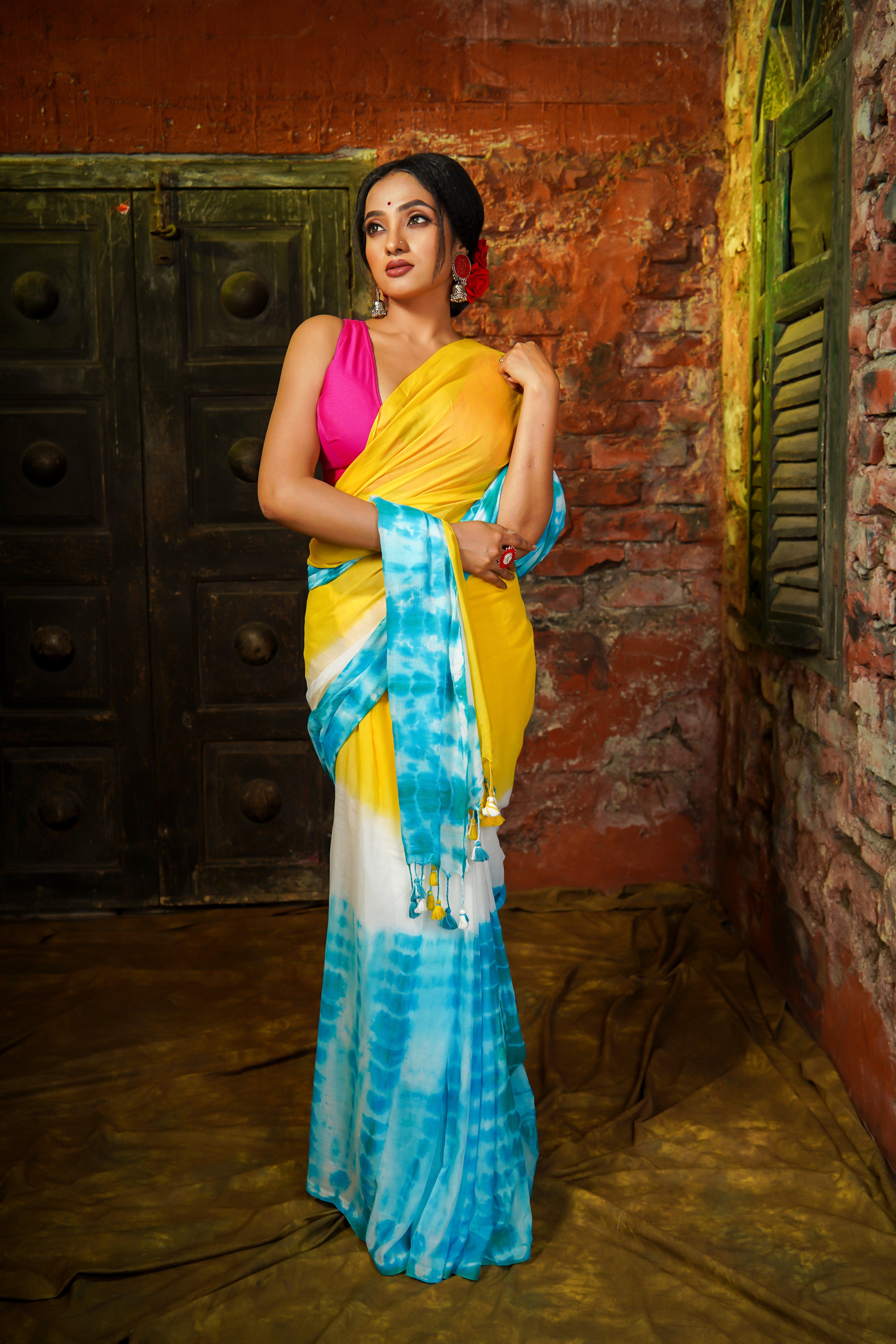 Yellow Multi Shibori Pure Mul Cotton Saree