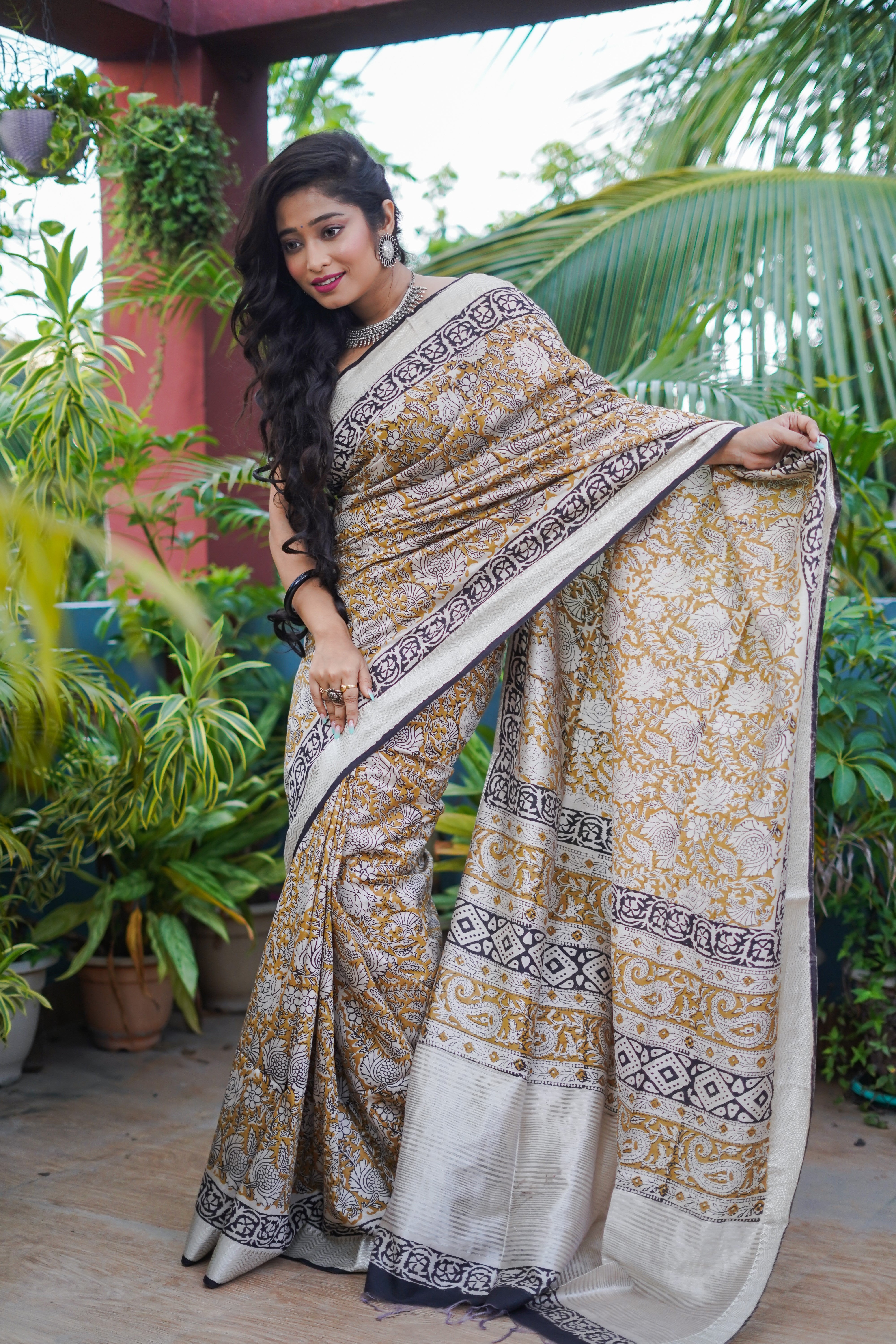 Yellow Pure Maheswari Silk Hand Block Saree