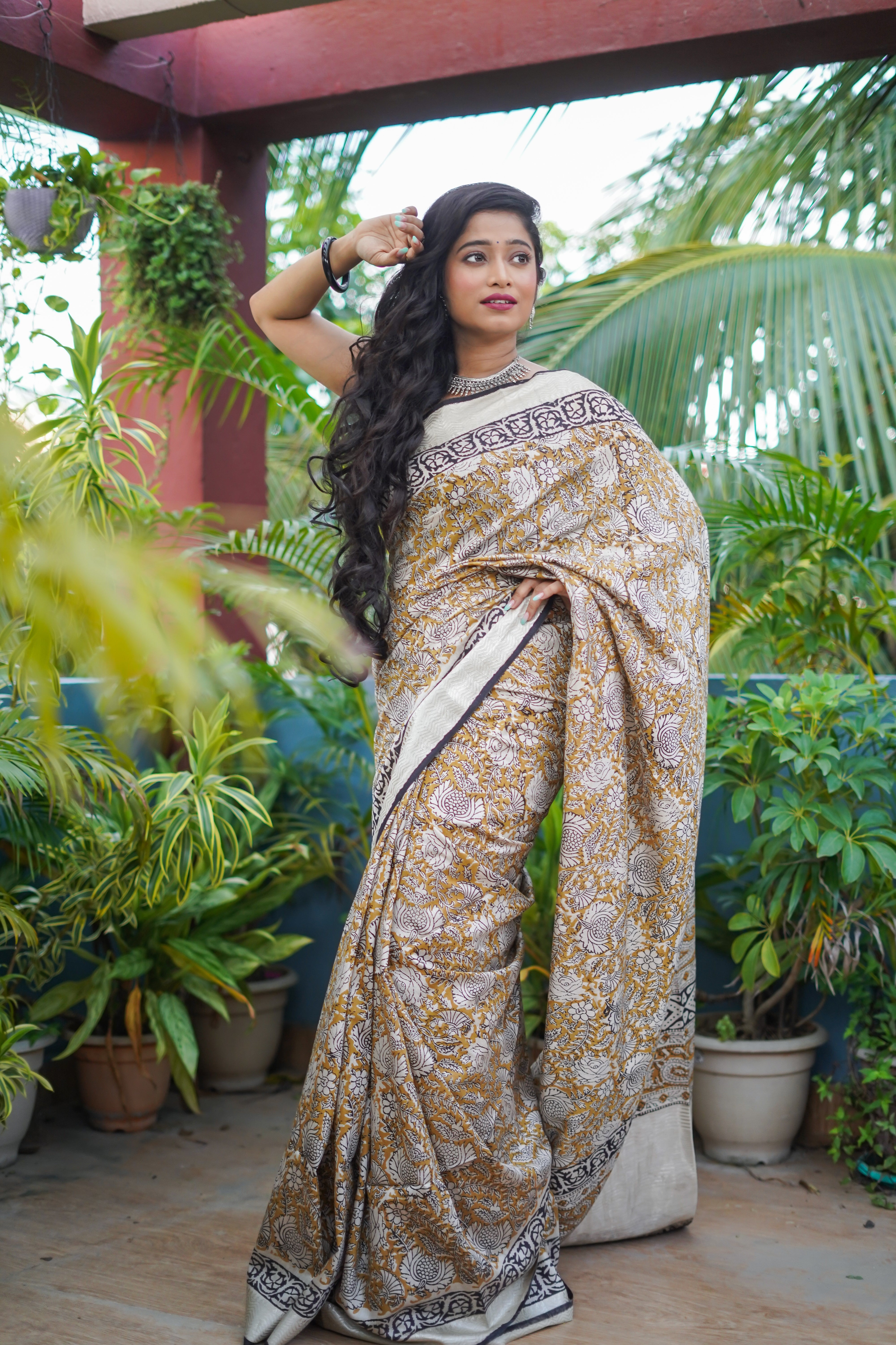 Yellow Pure Maheswari Silk Hand Block Saree