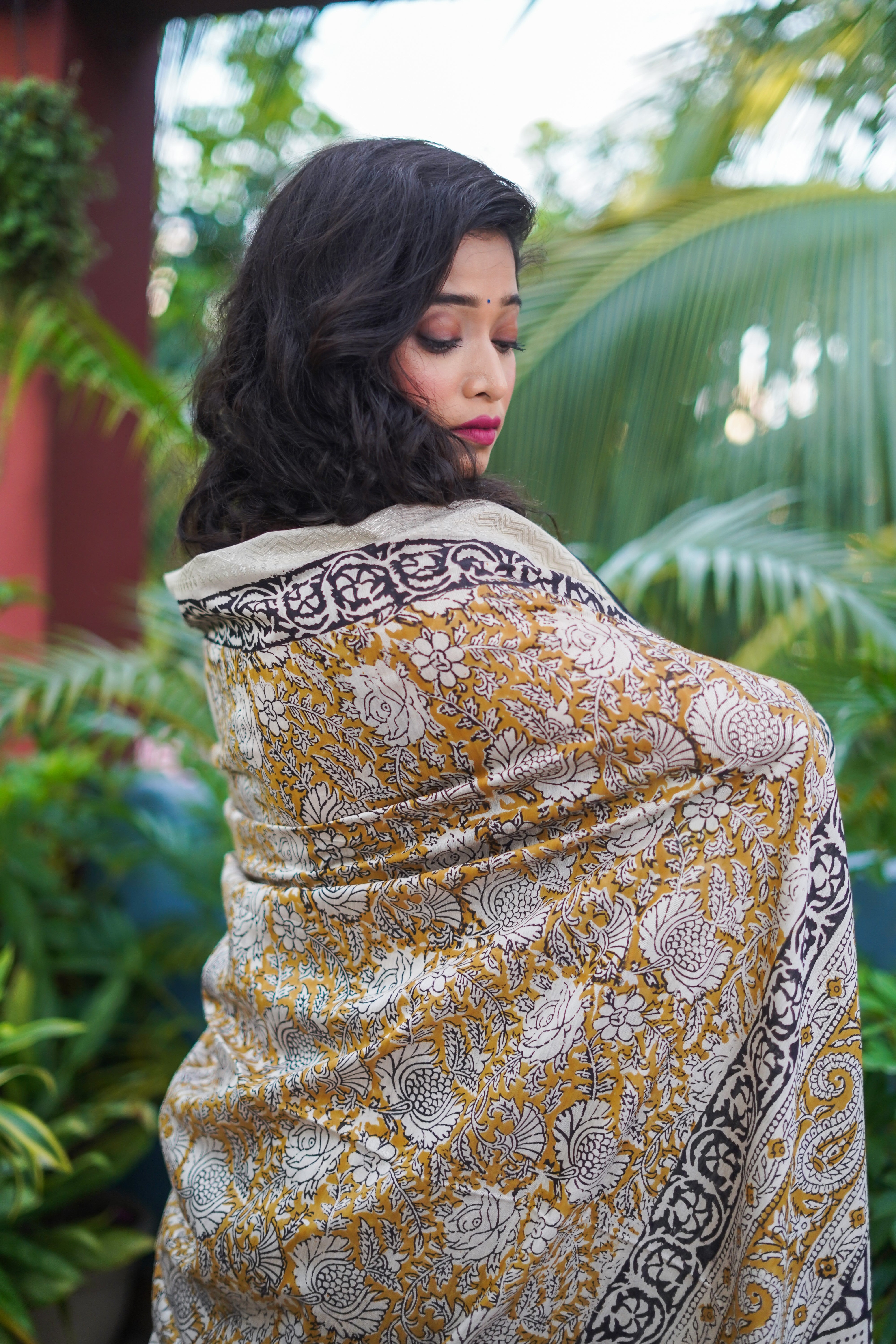 Yellow Pure Maheswari Silk Hand Block Saree