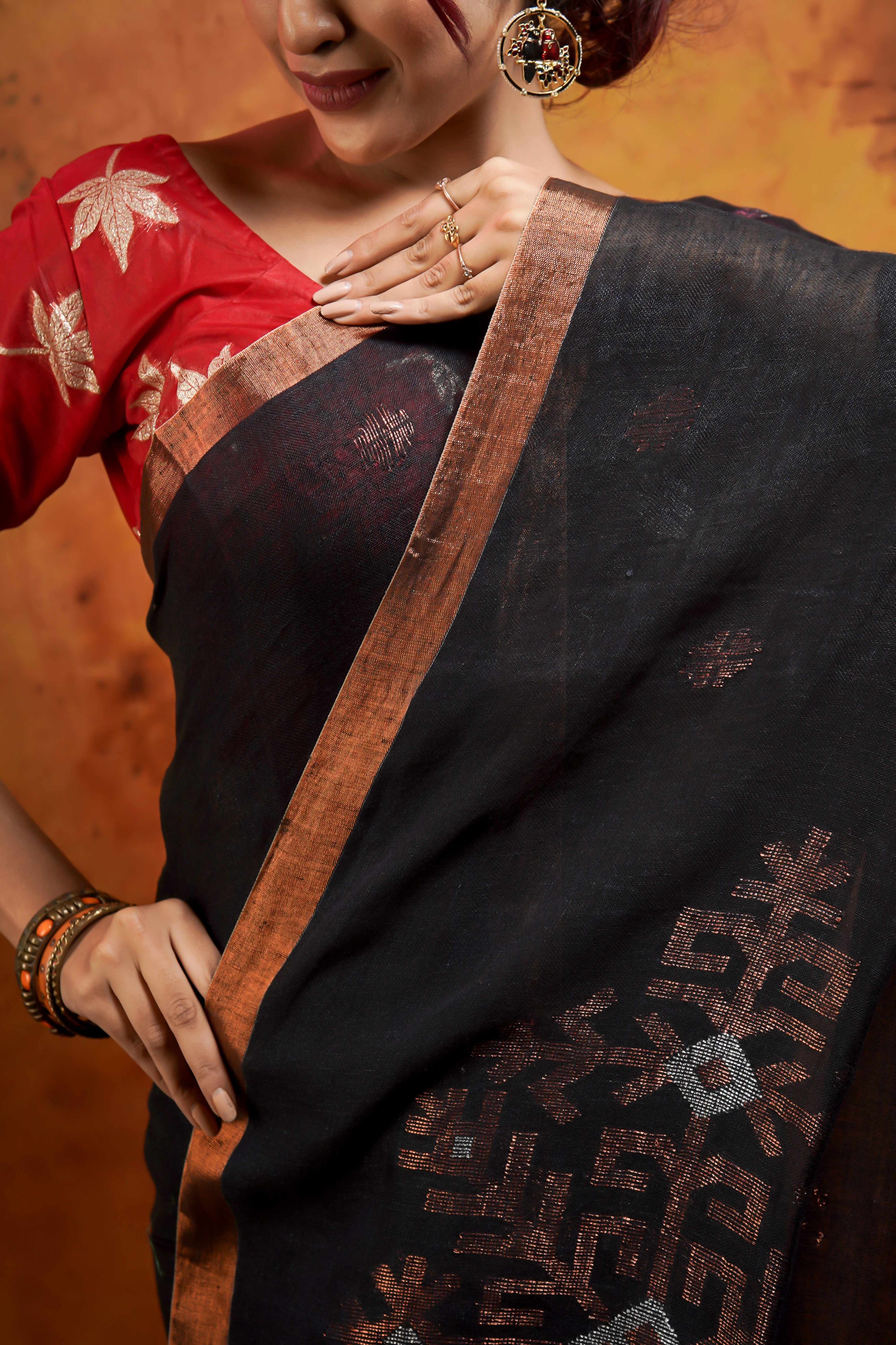 Black Swastik Linen Handwoven Jamdani Saree