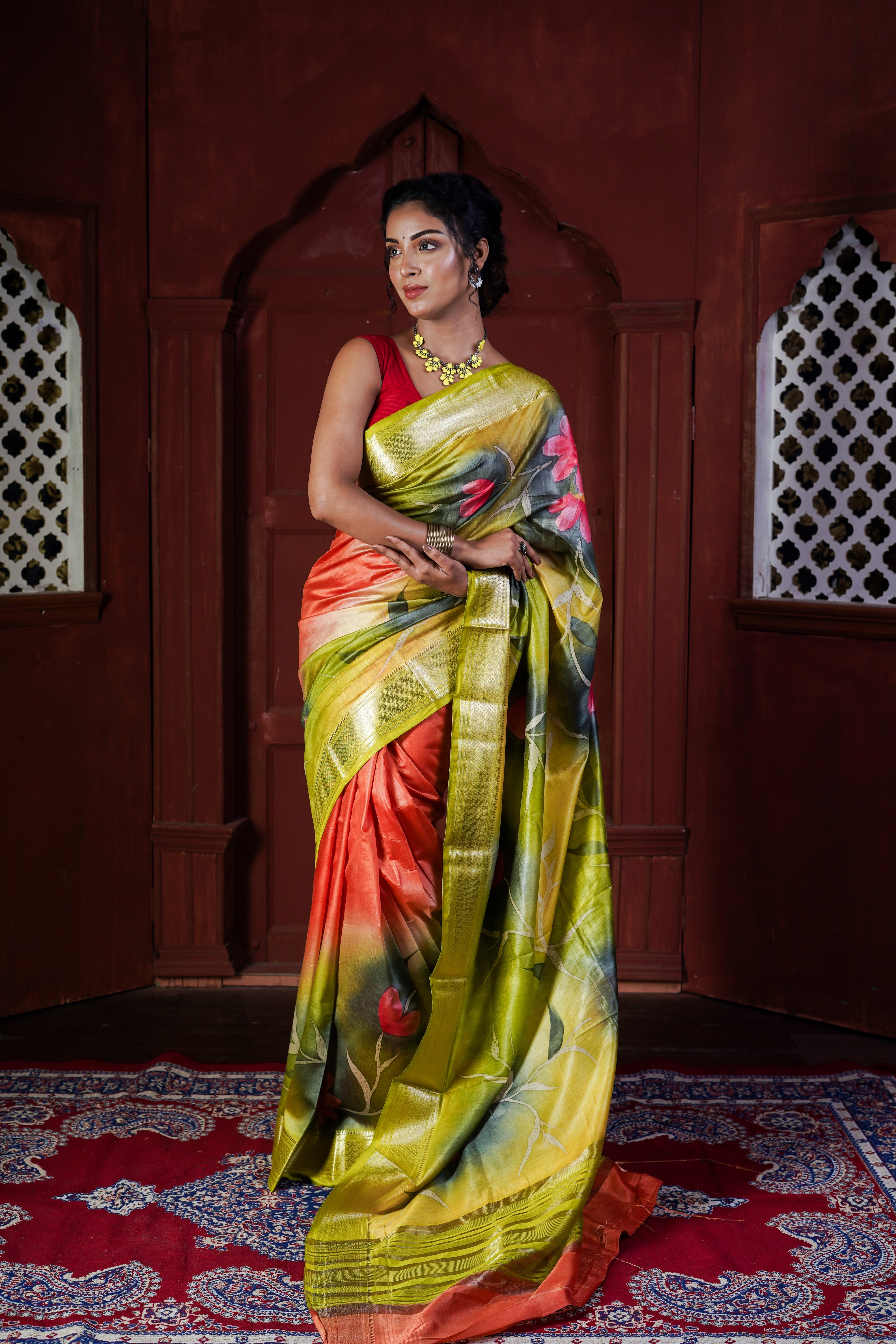 Carrot Orange Premium Maheswari Silk Designer Saree