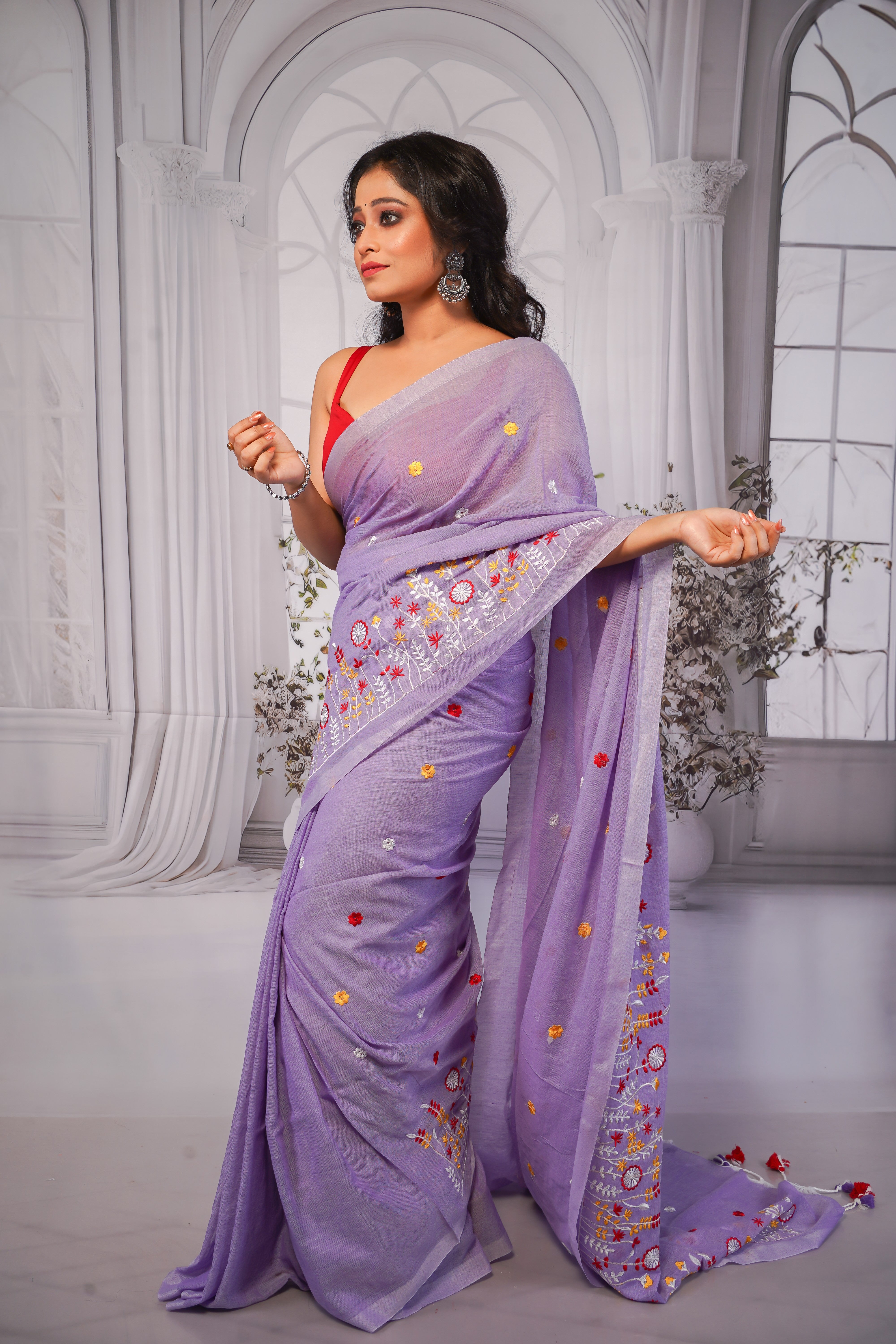 Lavender pure khadi cotton embroidered saree