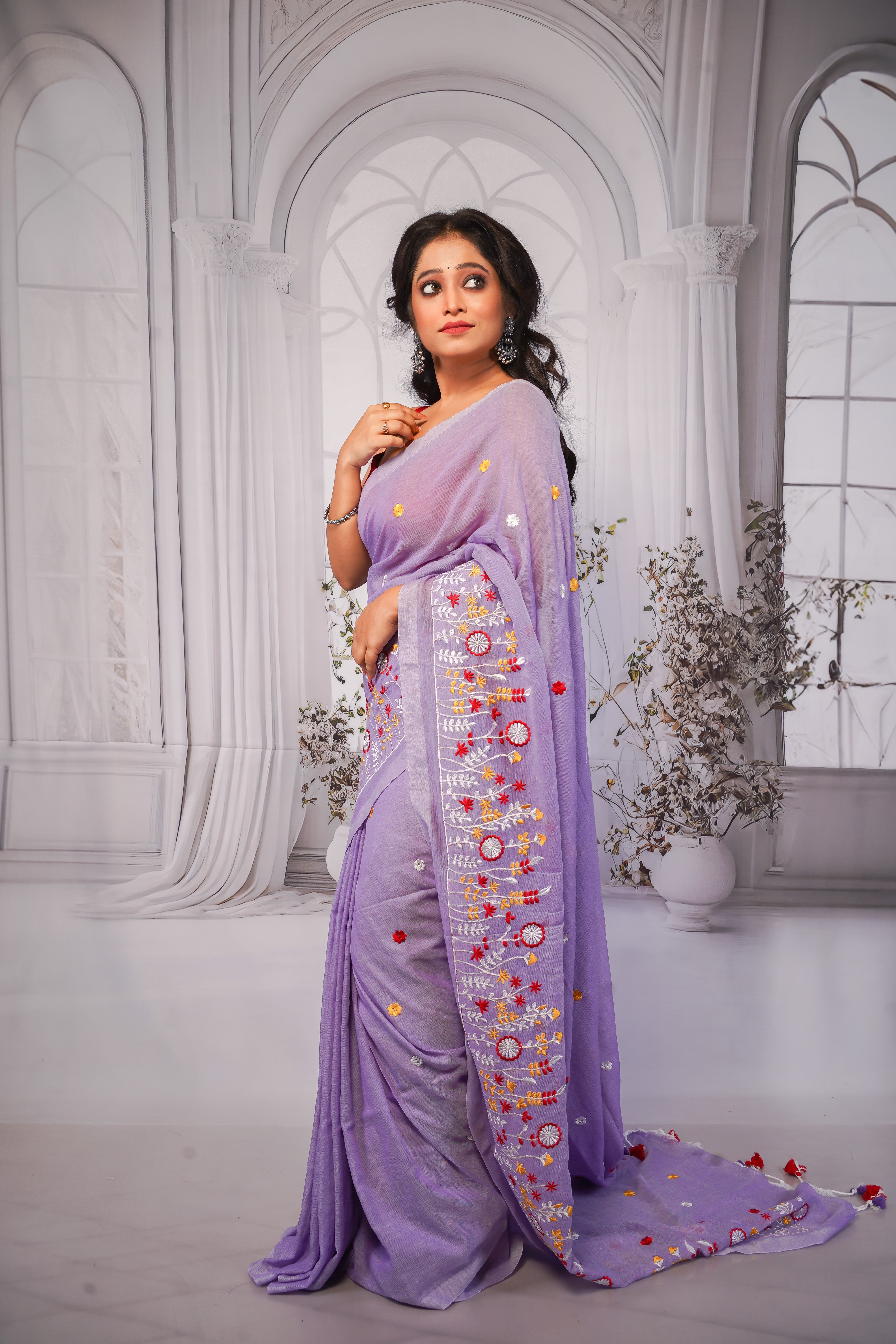 Lavender pure khadi cotton embroidered saree