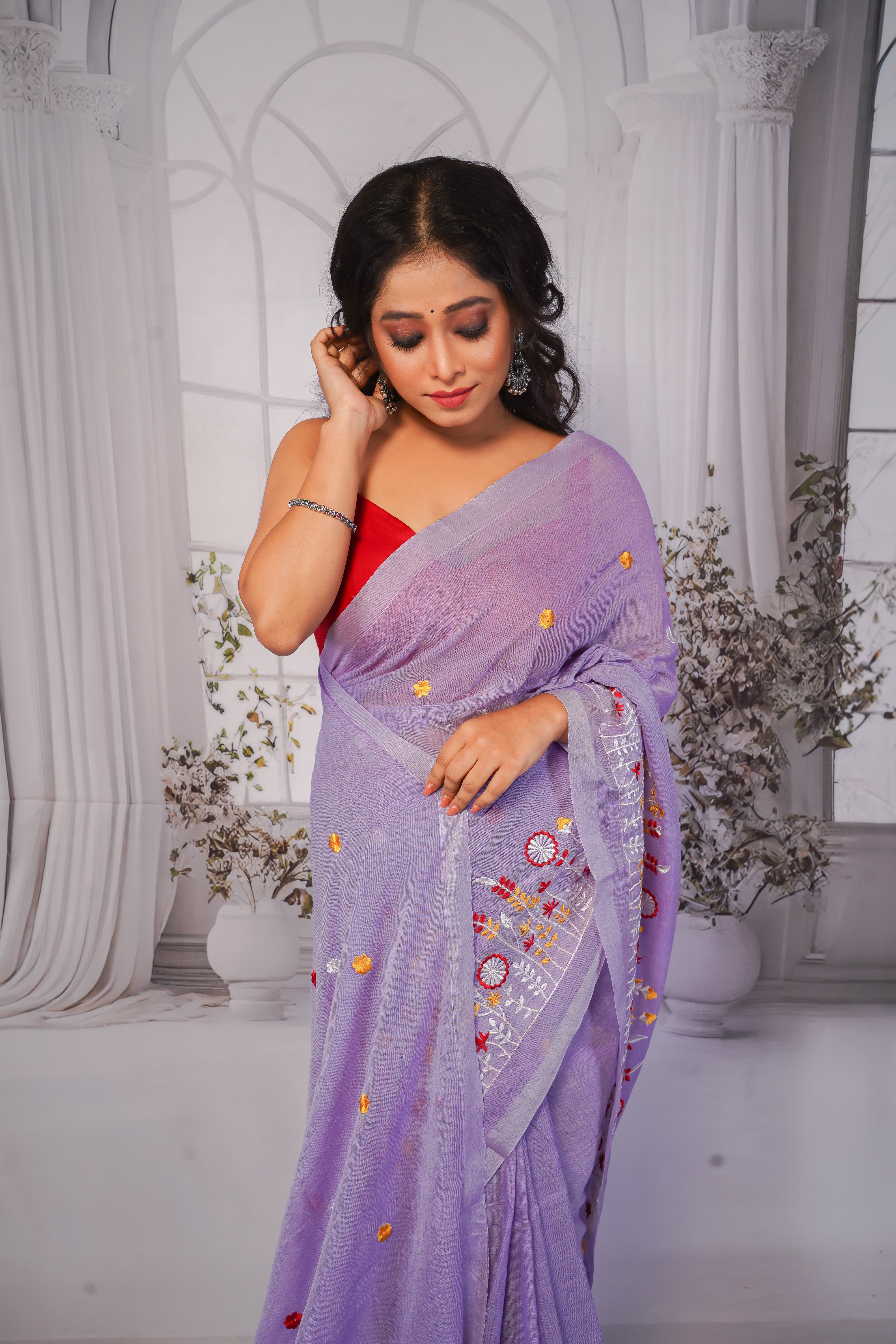 Lavender pure khadi cotton embroidered saree