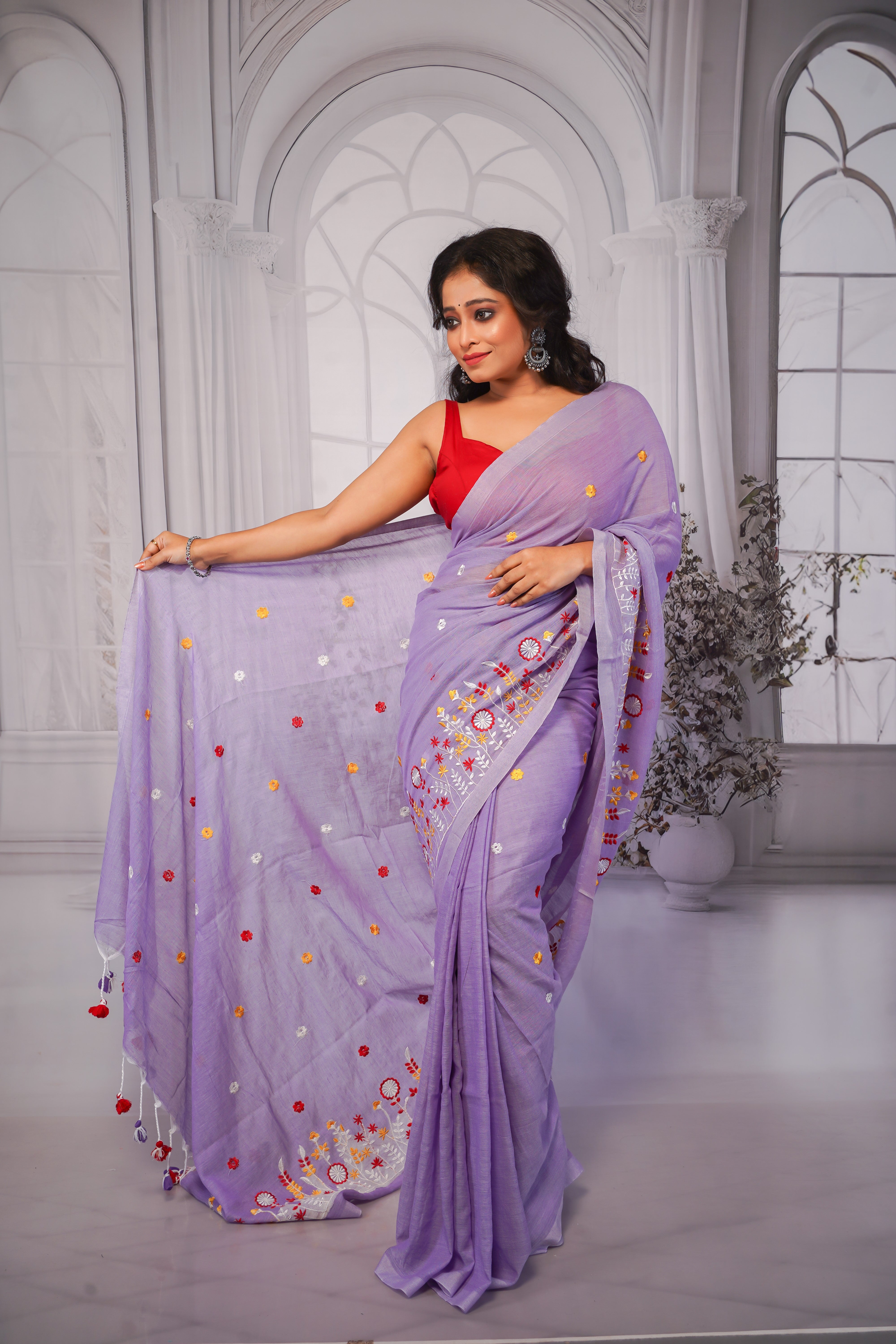 Lavender pure khadi cotton embroidered saree