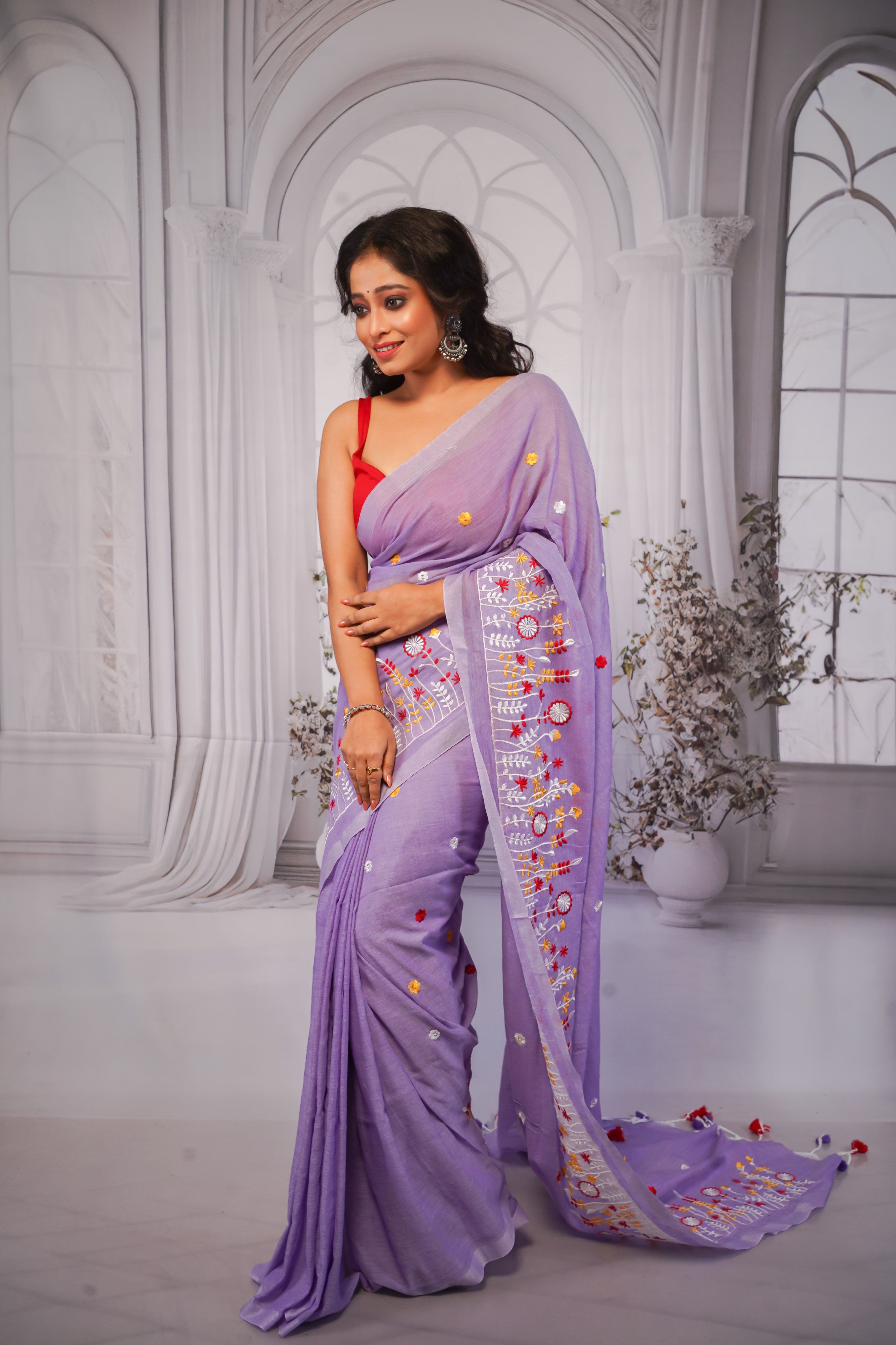 Lavender pure khadi cotton embroidered saree