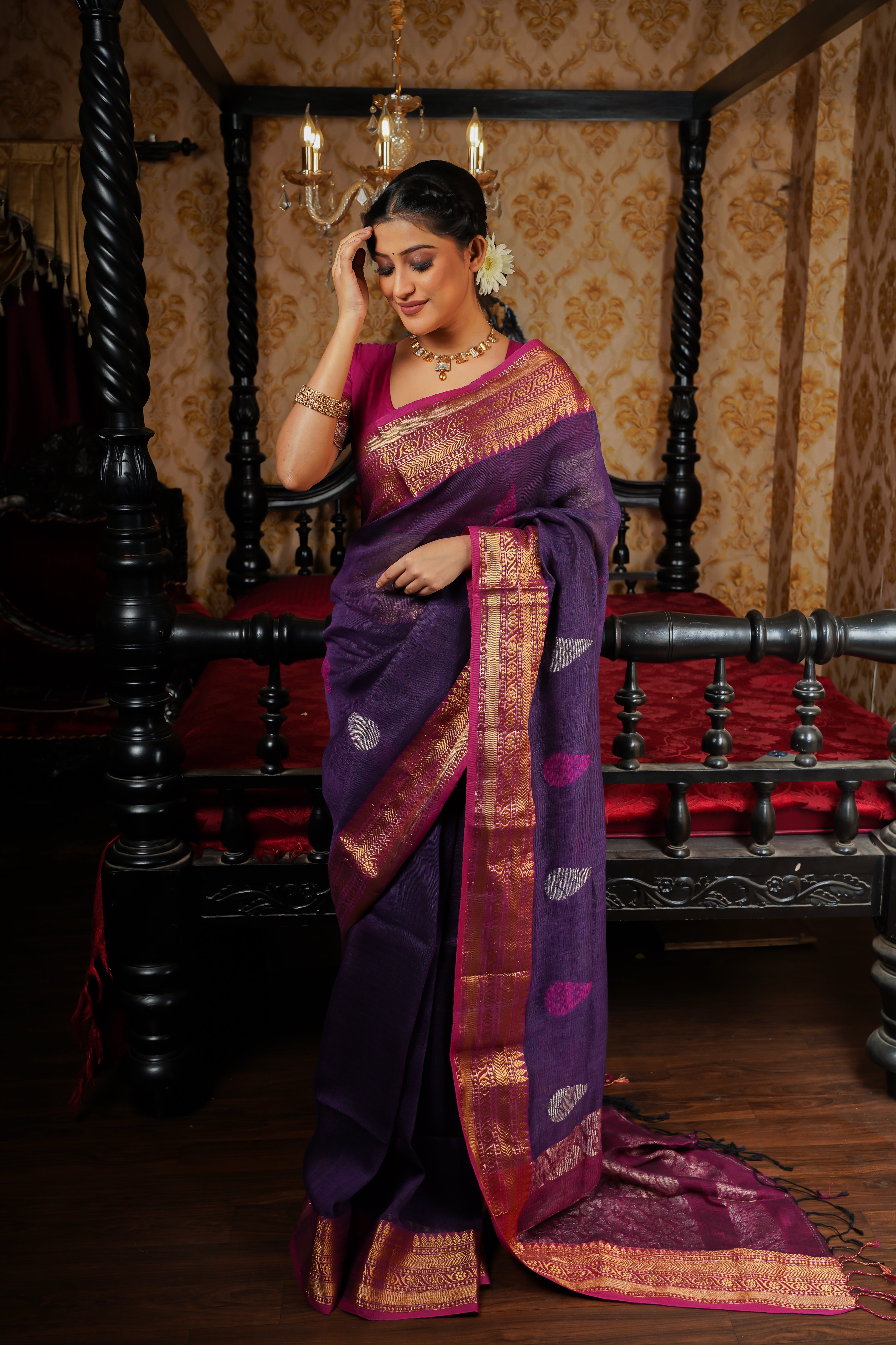 purple & Rani handwoven linen jamdani saree