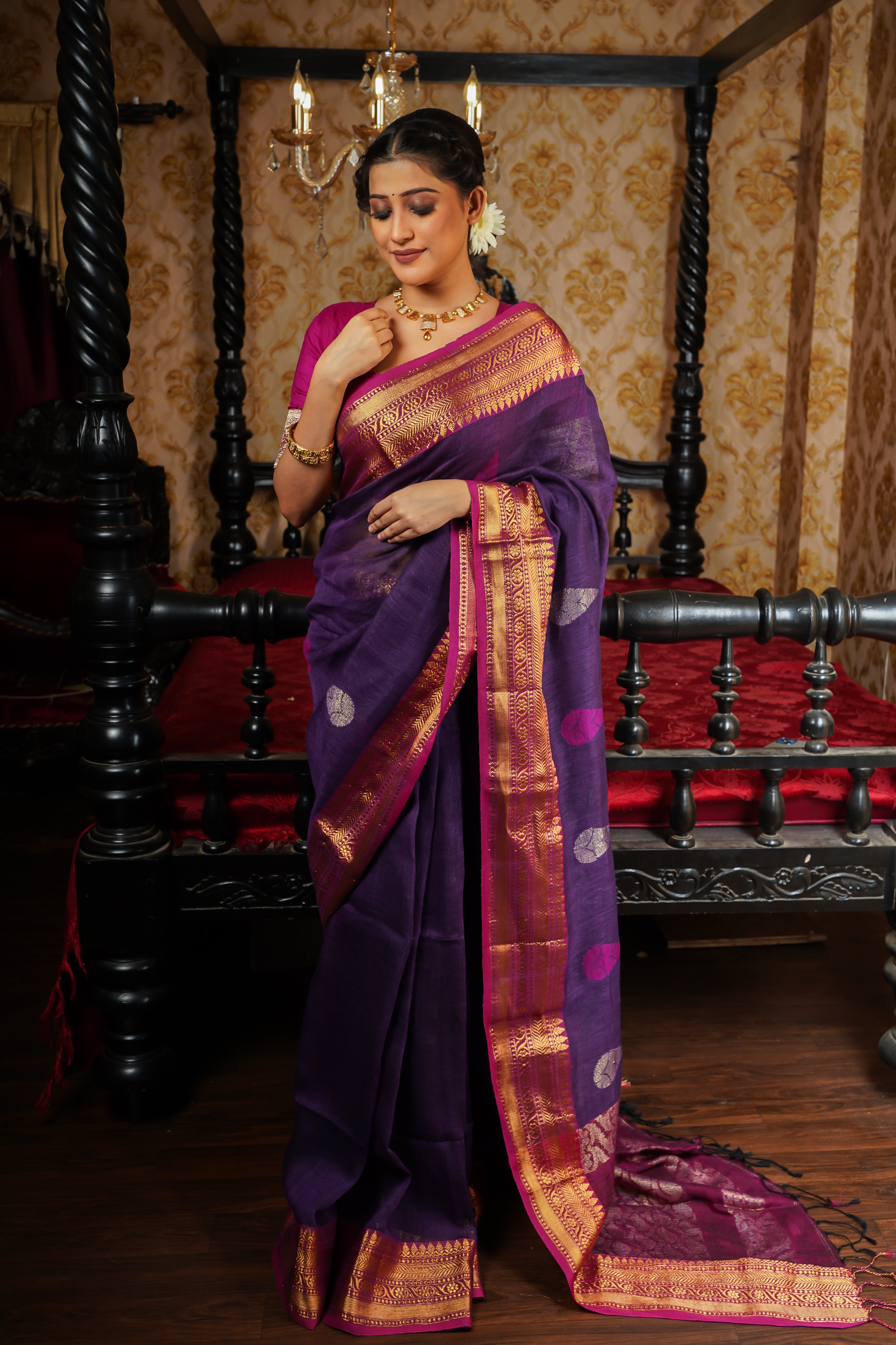 purple & Rani handwoven linen jamdani saree