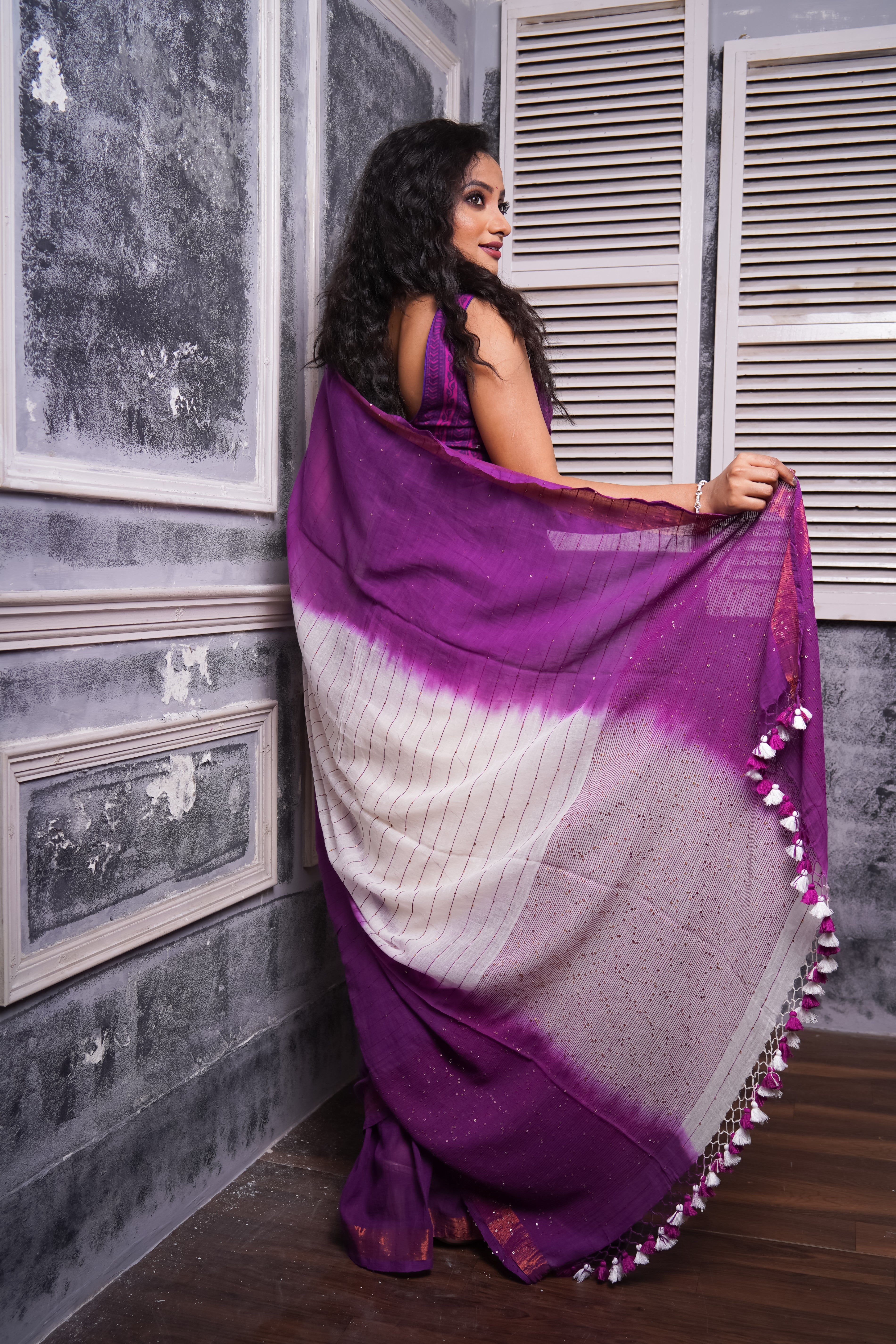 Purple & White Rang Bahari Sequence Work Pure Mul Cotton Saree