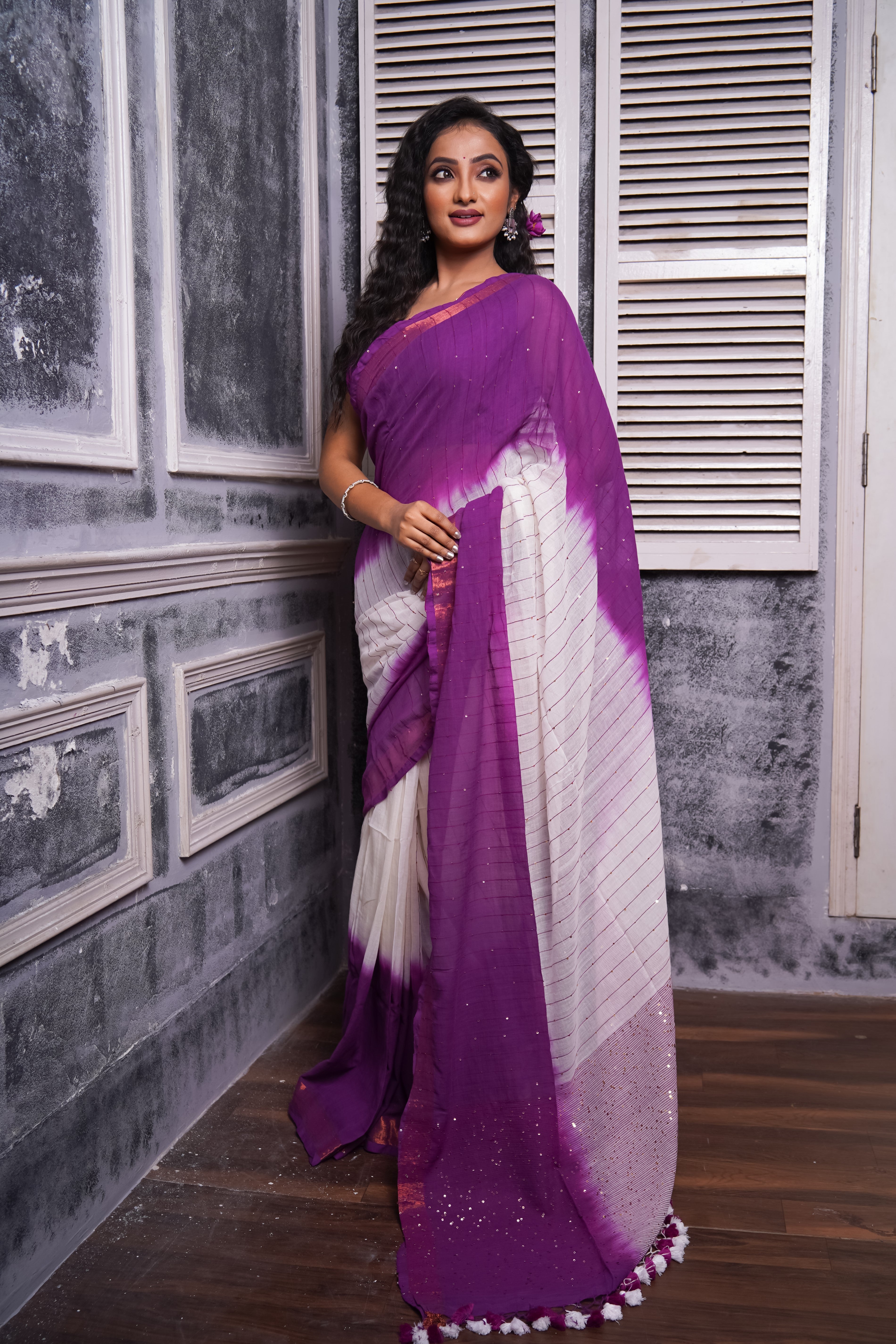 Purple & White Rang Bahari Sequence Work Pure Mul Cotton Saree