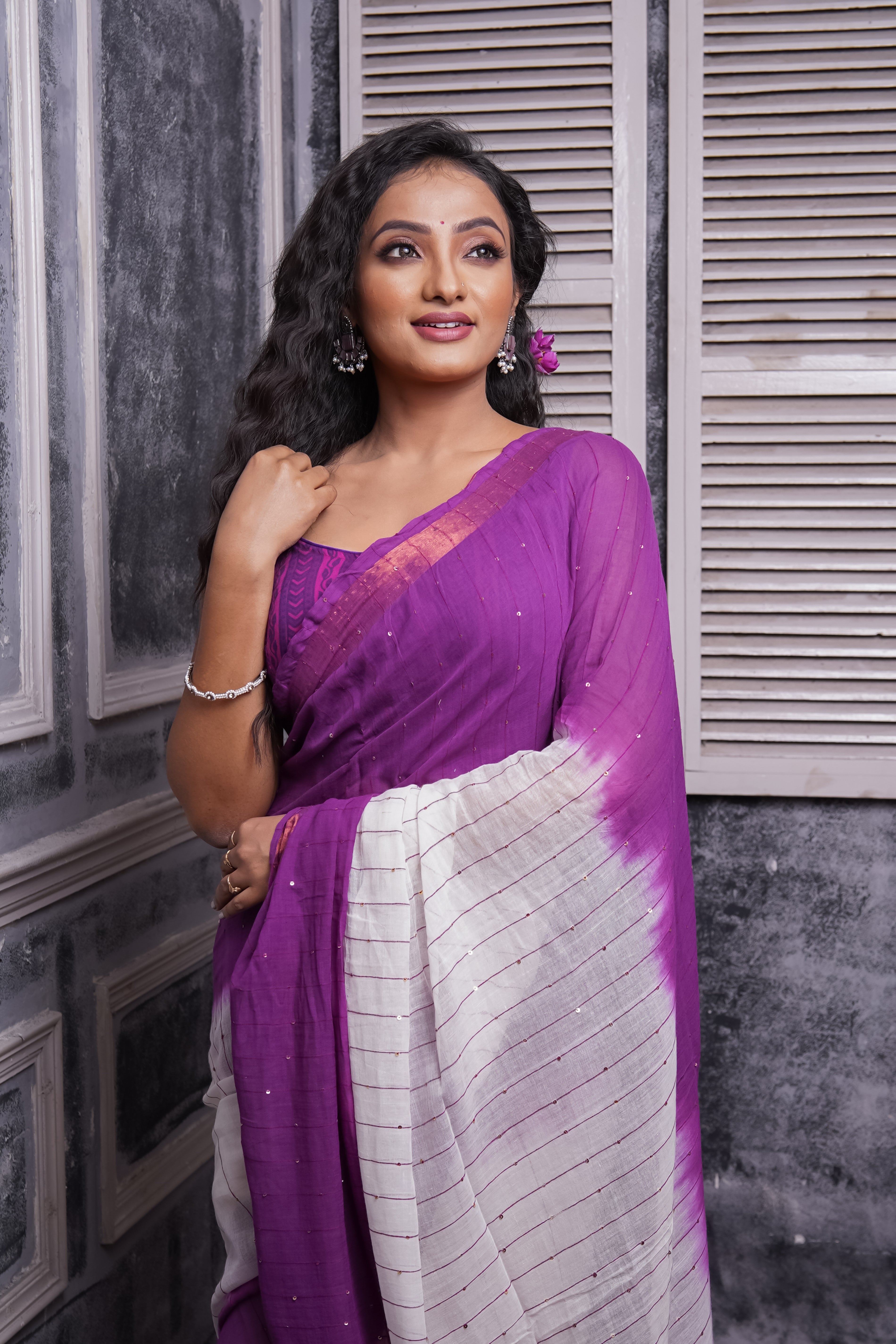 Purple & White Rang Bahari Sequence Work Pure Mul Cotton Saree